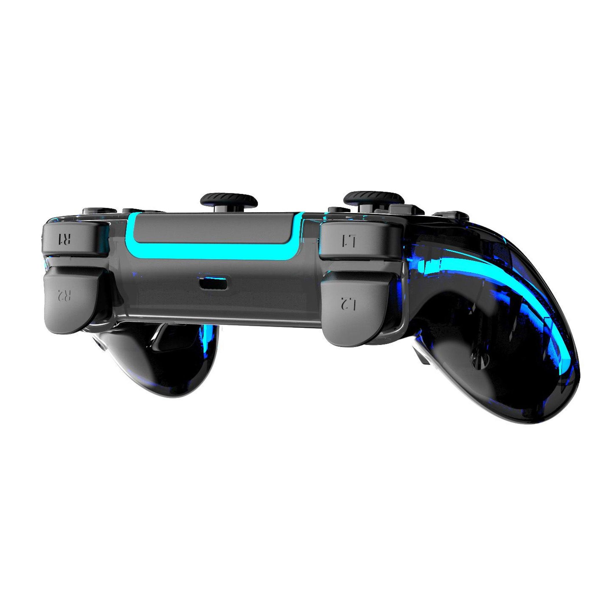 Schwarzer Controller mit blauen Leuchtelementen, Ansicht von der Seite.