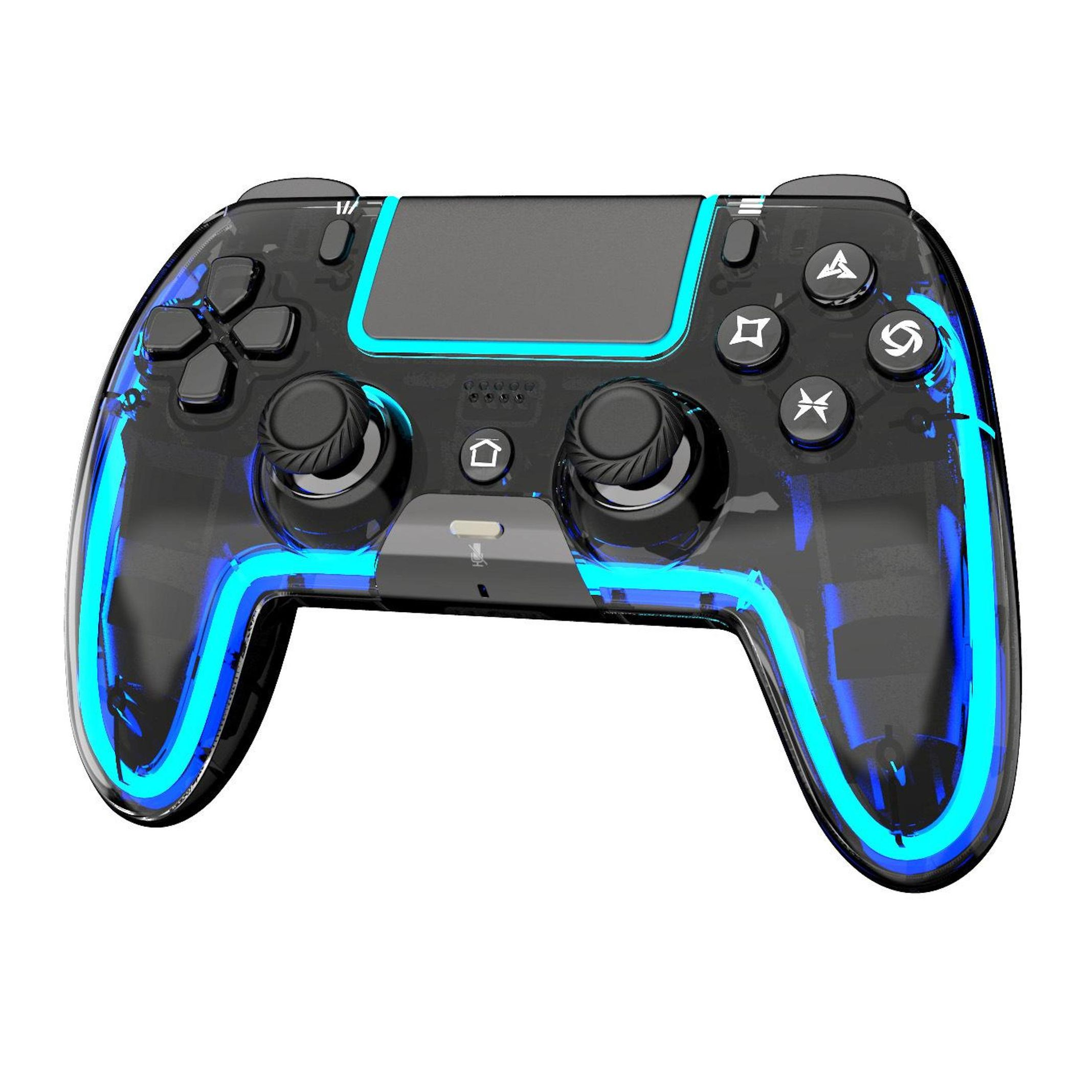Transparenter Controller mit blauen LED-Streifen und Bedienelementen.