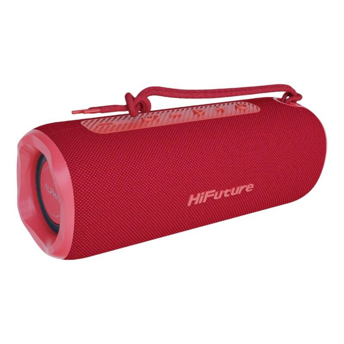 Roter zylindrischer HiFuture-Lautsprecher mit Seilgriff. Text 'HiFuture' sichtbar.