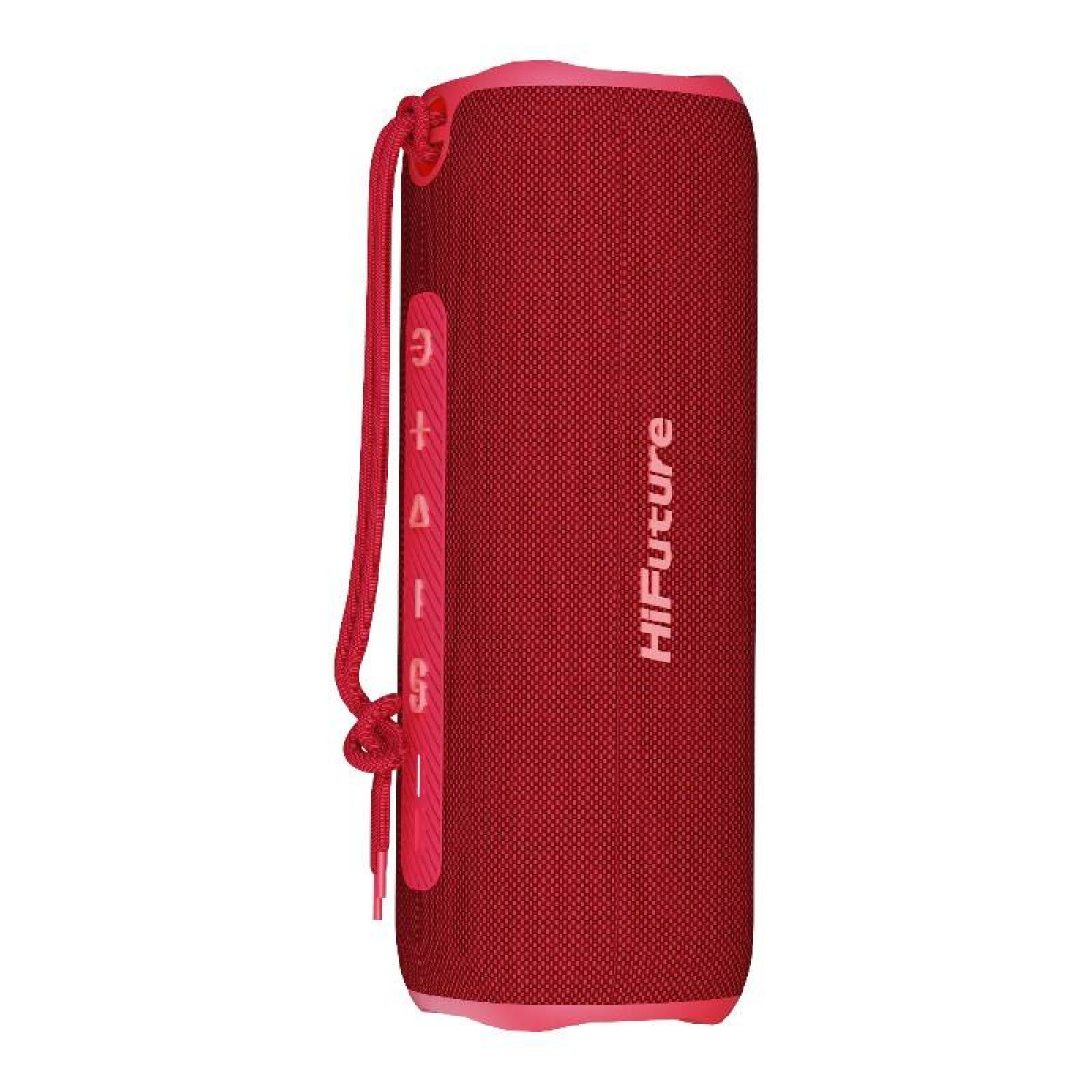 Roter Bluetooth-Lautsprecher mit Schnur und Tasten auf der Seite.