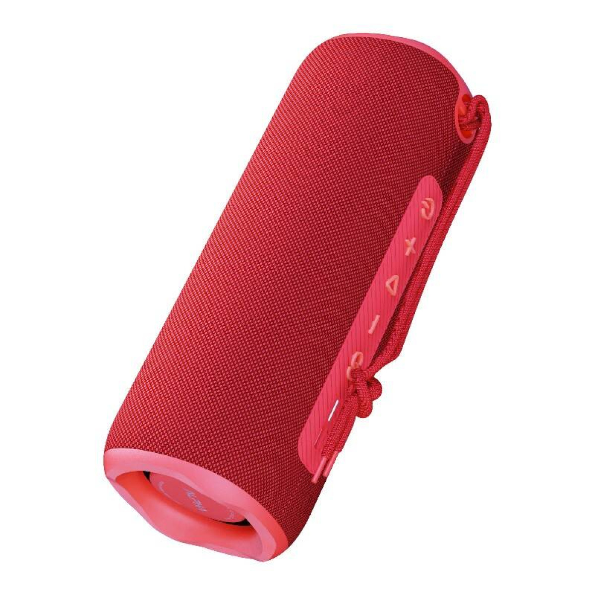Roter Bluetooth-Lautsprecher mit pinken Akzenten und Bedienelementen.