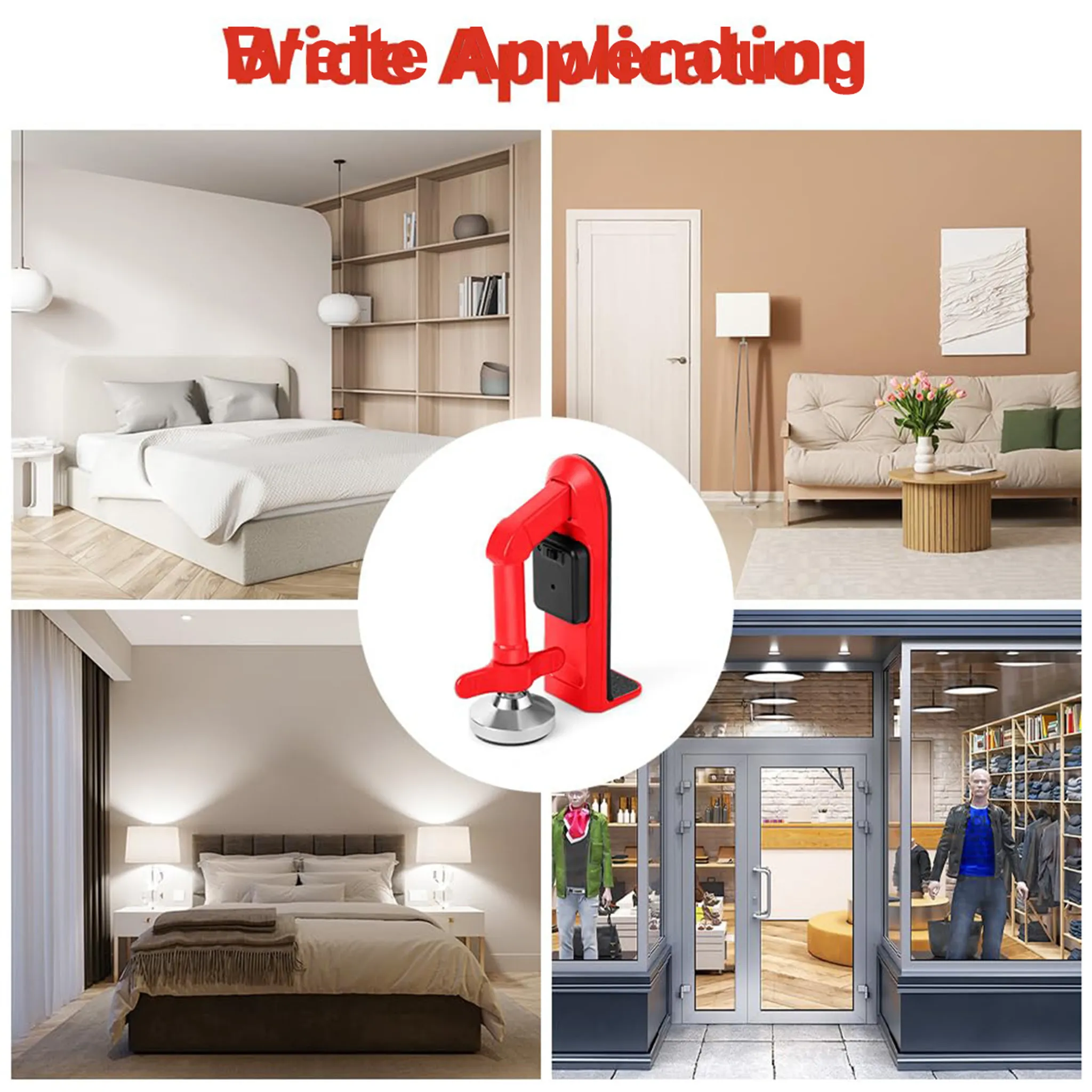 Vier Szenen: Schlafzimmer, Wohnzimmer, ein rotes Werkzeug und ein Ladenfenster.