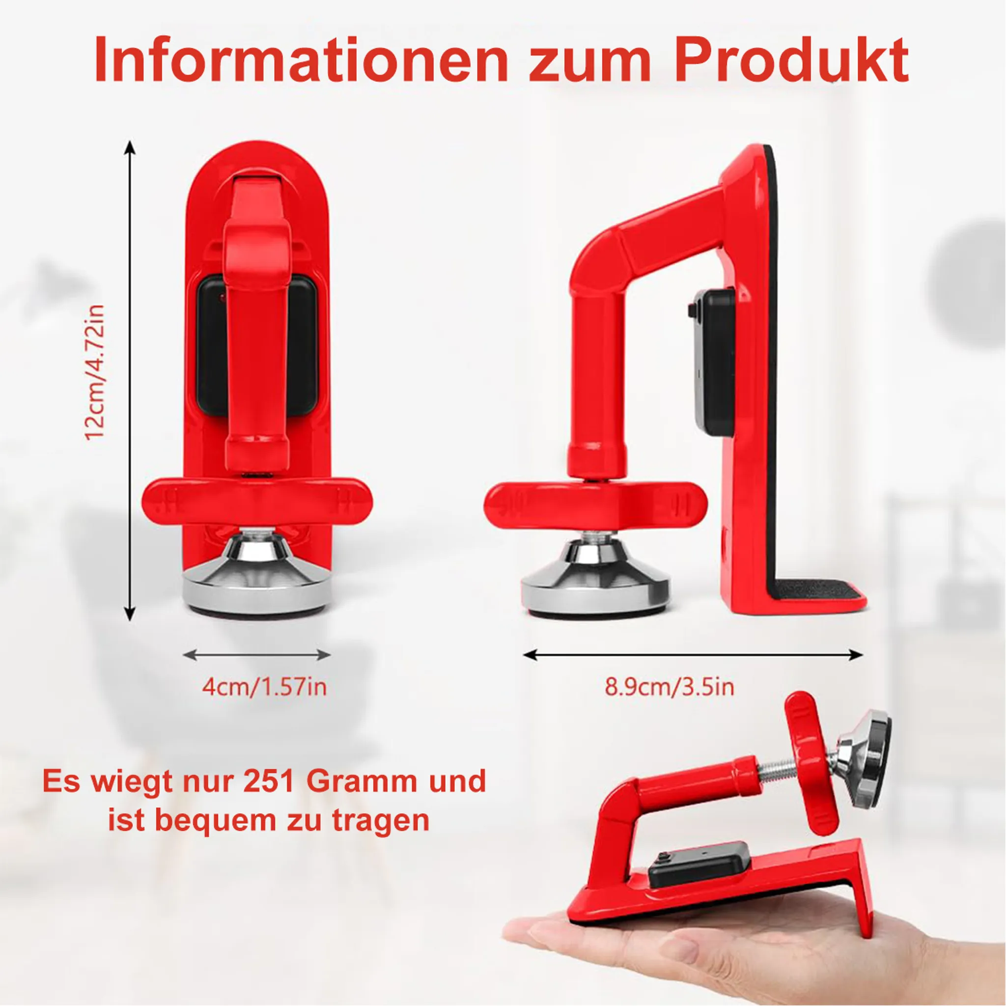 Rotes Produkt im Detail: Maße 12x4x8.9cm. Wiegt 251g.