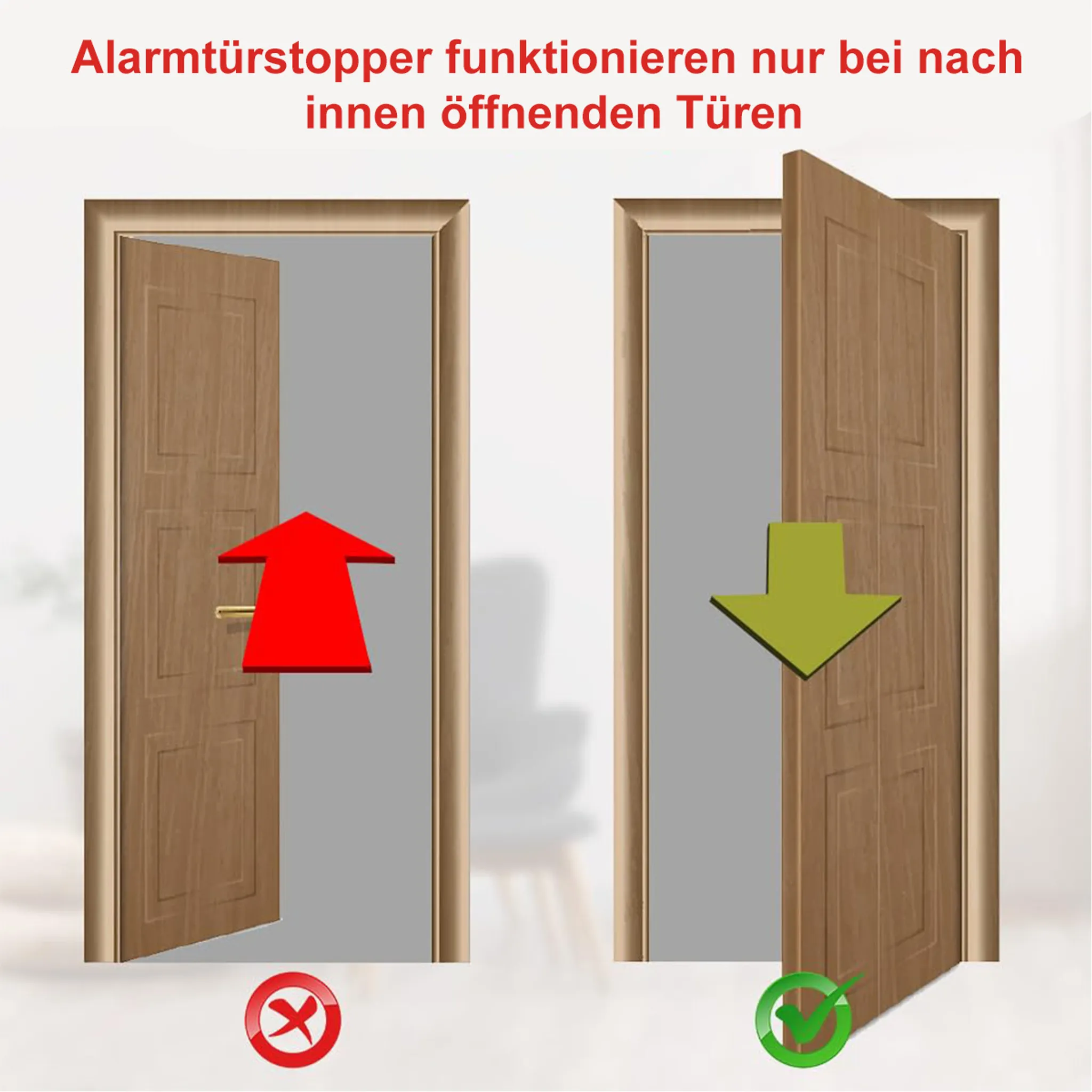 Türstopper funktionieren nur bei nach innen öffnenden Türen. Rotes X links, grüner Haken rechts.