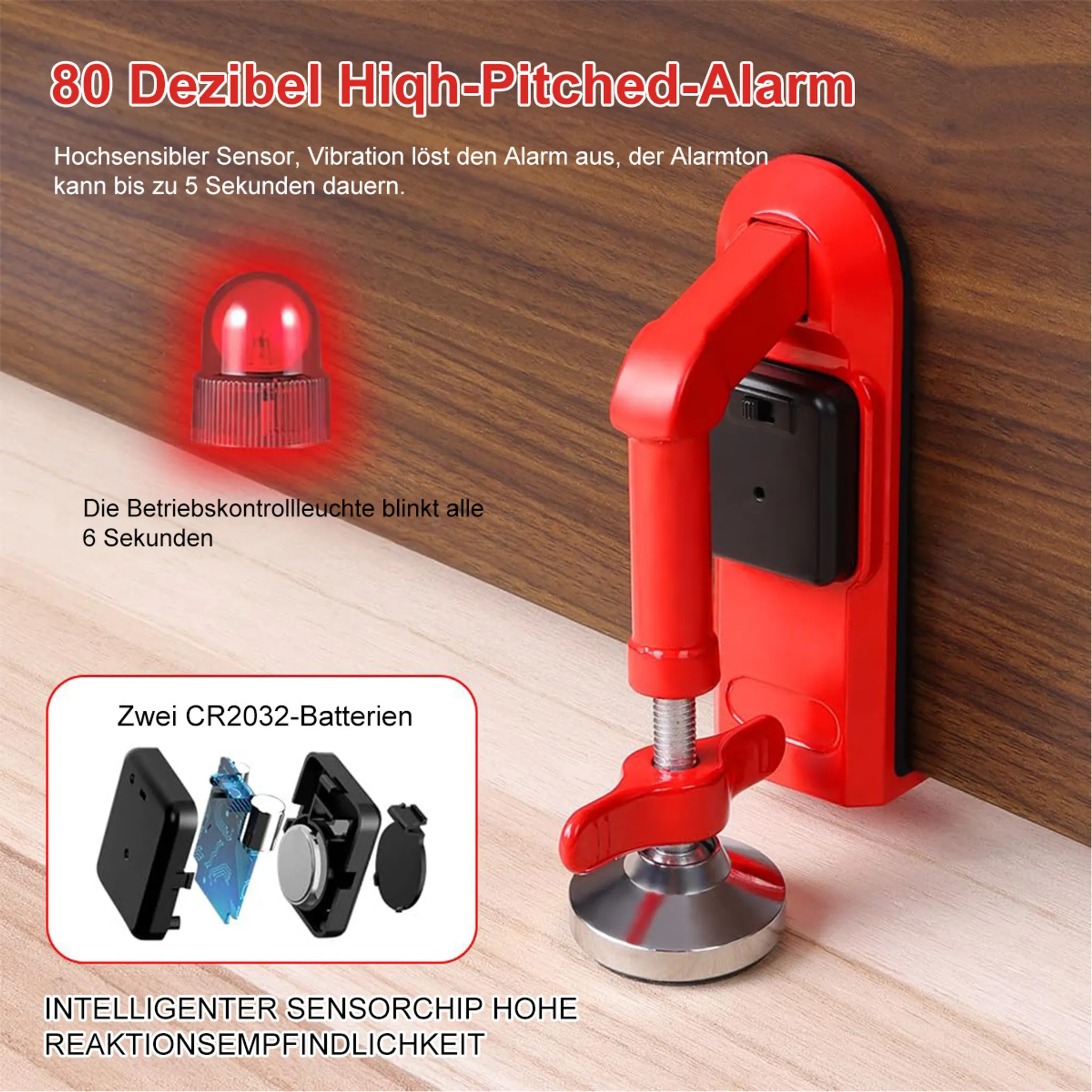 Ein roter Türstopper-Alarm mit blinkendem Licht und Batterien.