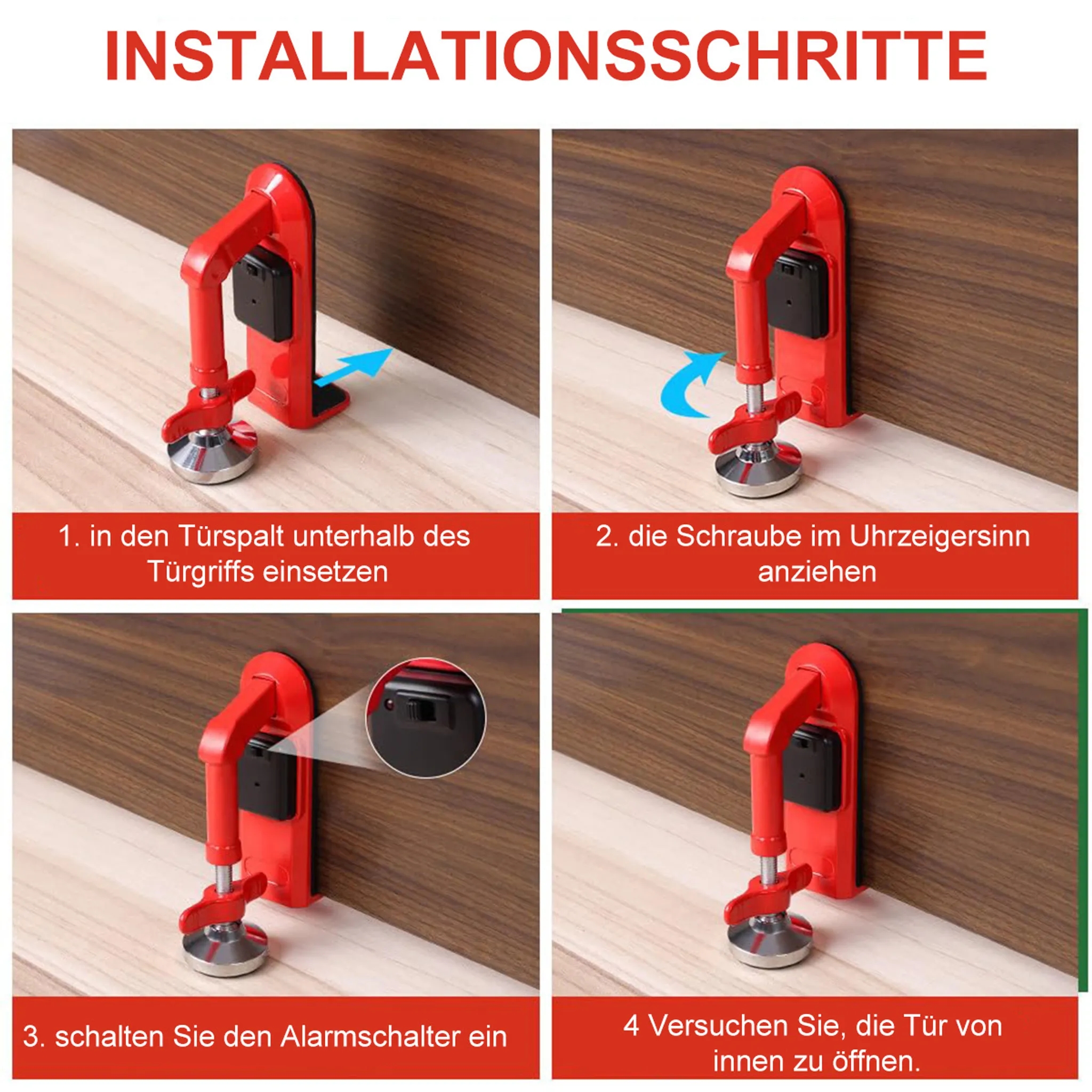 Installationsschritte: Roten Türsicherheitsstopper einsetzen, festschrauben, einschalten.