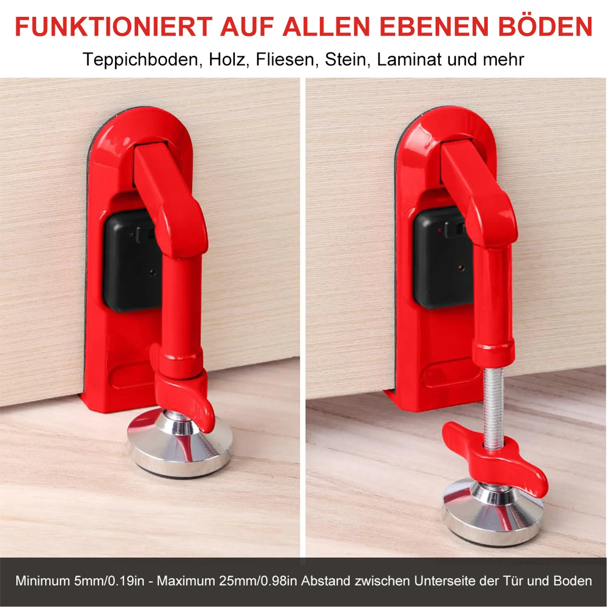 Roter Türstopper mit verstellbarem Fuß auf Holzboden.