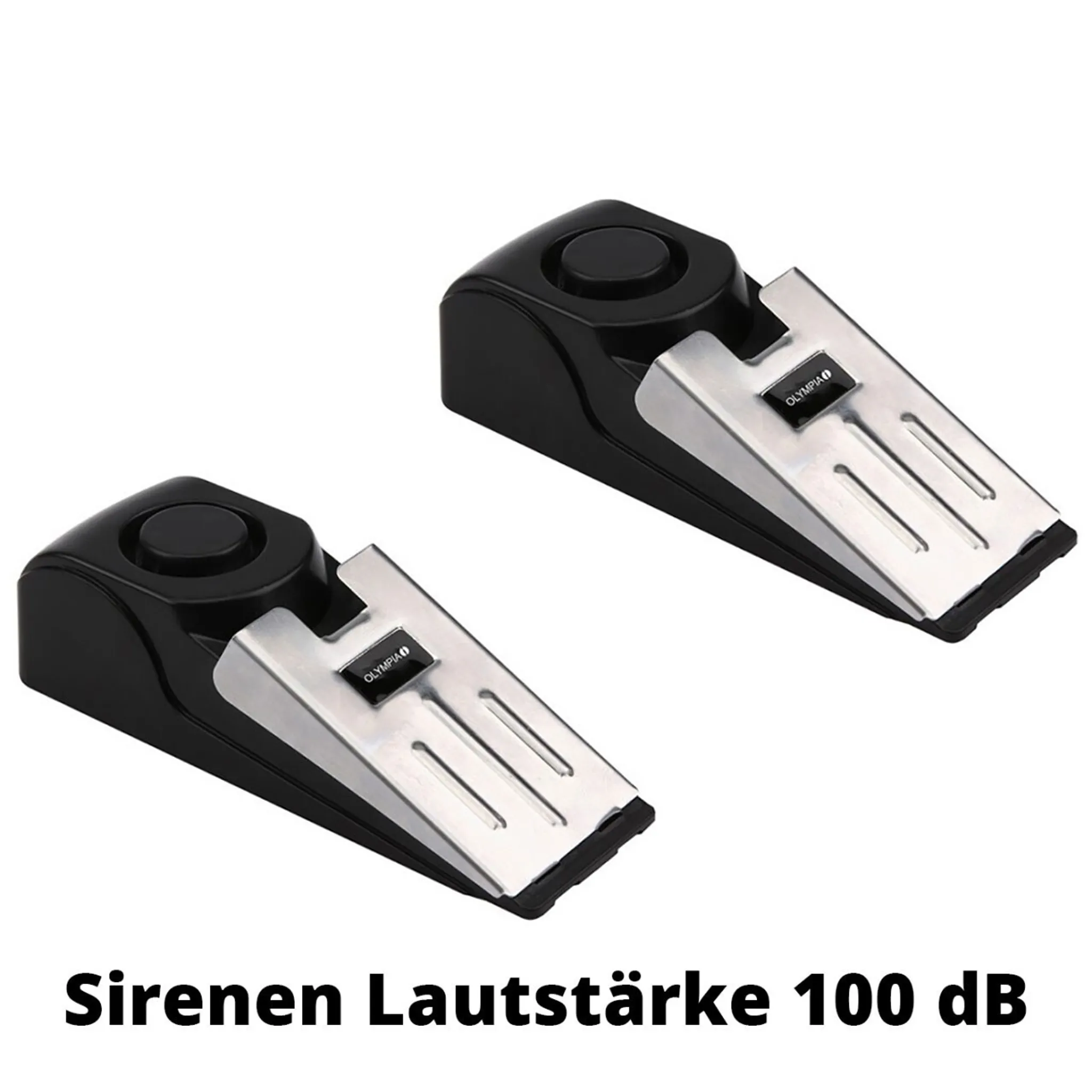Zwei schwarze Türstopper mit Alarmsirene und silberner Oberseite.