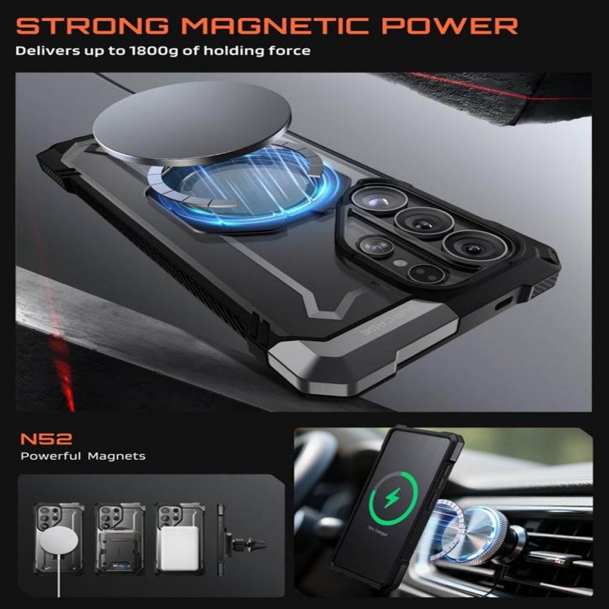 Starke magnetische Handyhülle mit Ringhalterung und Ladefunktion.