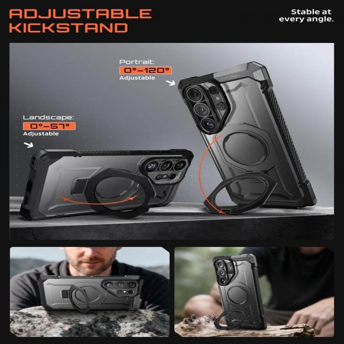 Schwarze Handyhülle mit verstellbarem Kickstand für Hoch- und Querformat.