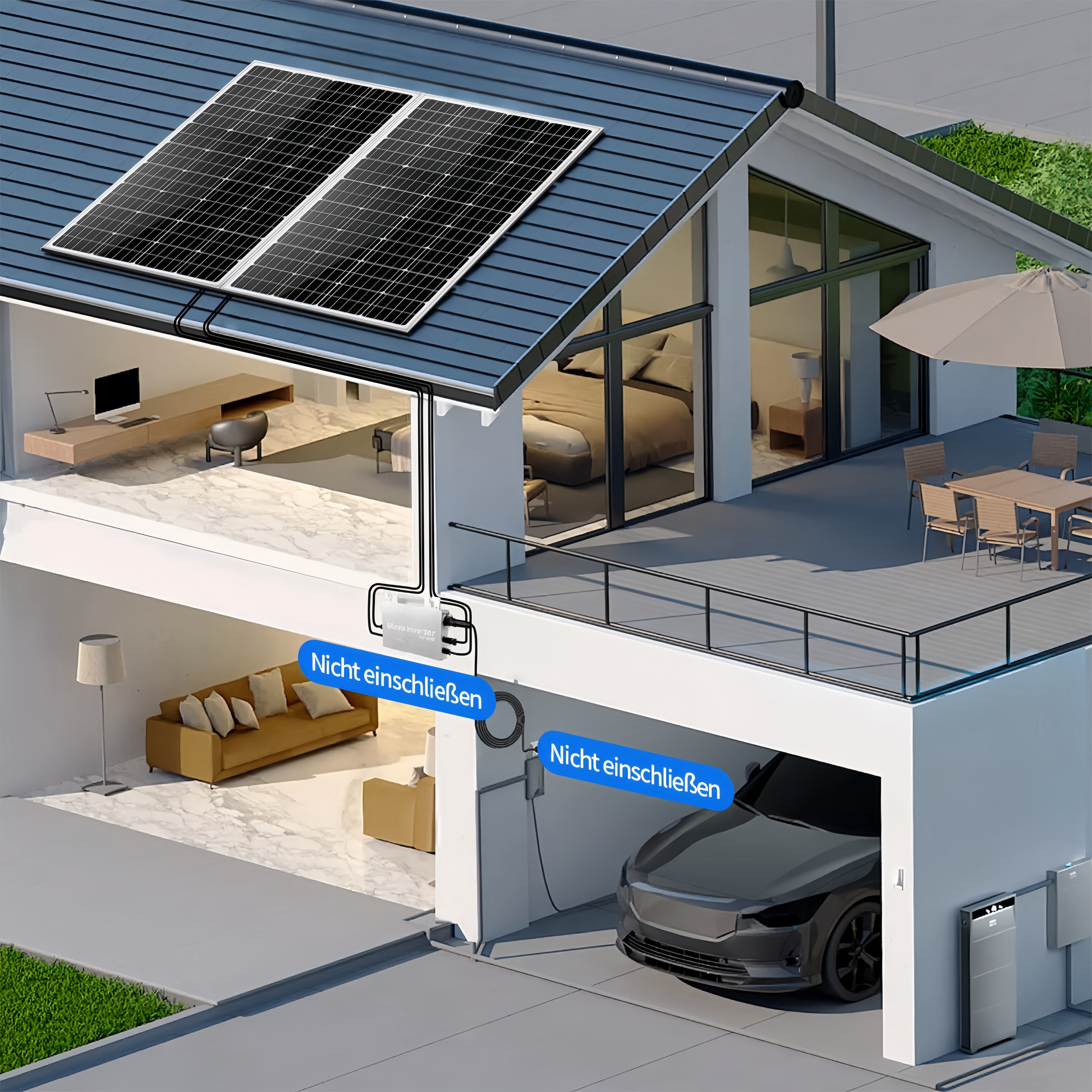 Haus mit Solaranlagen auf dem Dach, Elektroauto in der Garage, Wohnbereich mit Sofa.