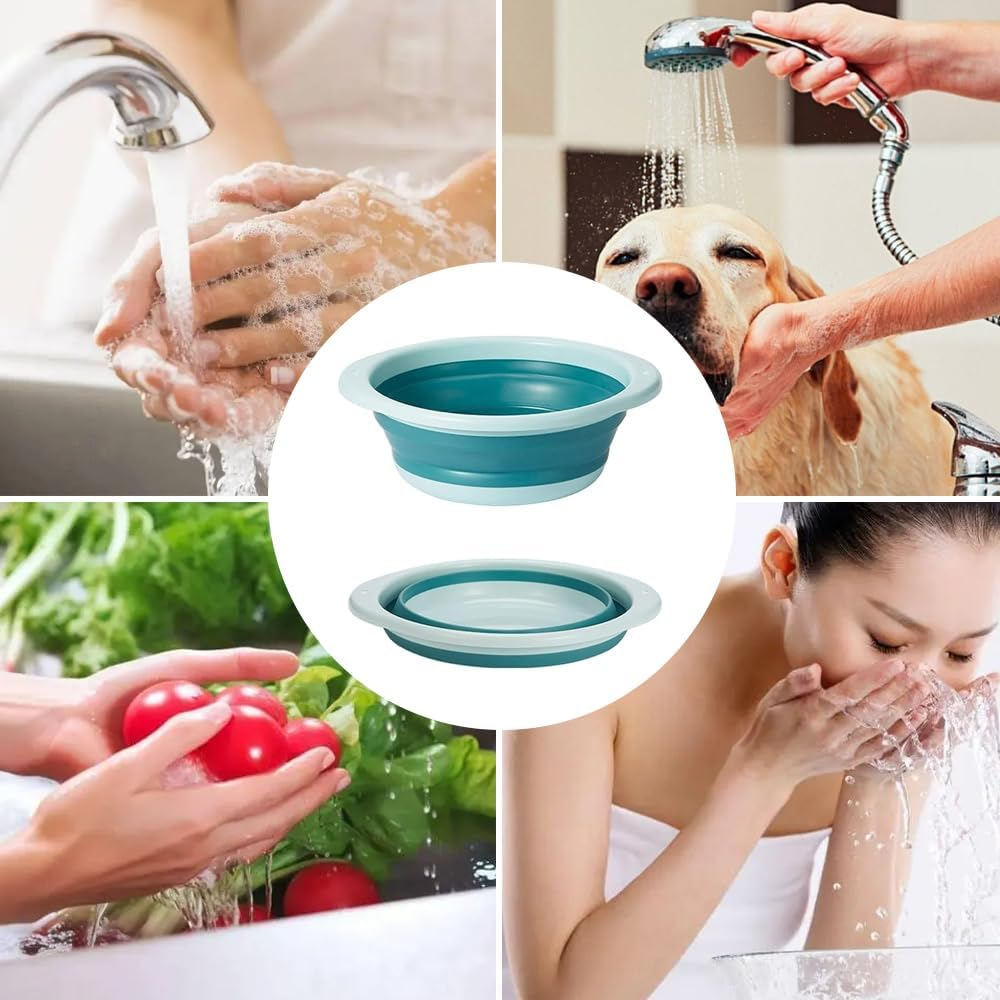Collapsible bowl with people washing hands, dog, vegetables, and face.