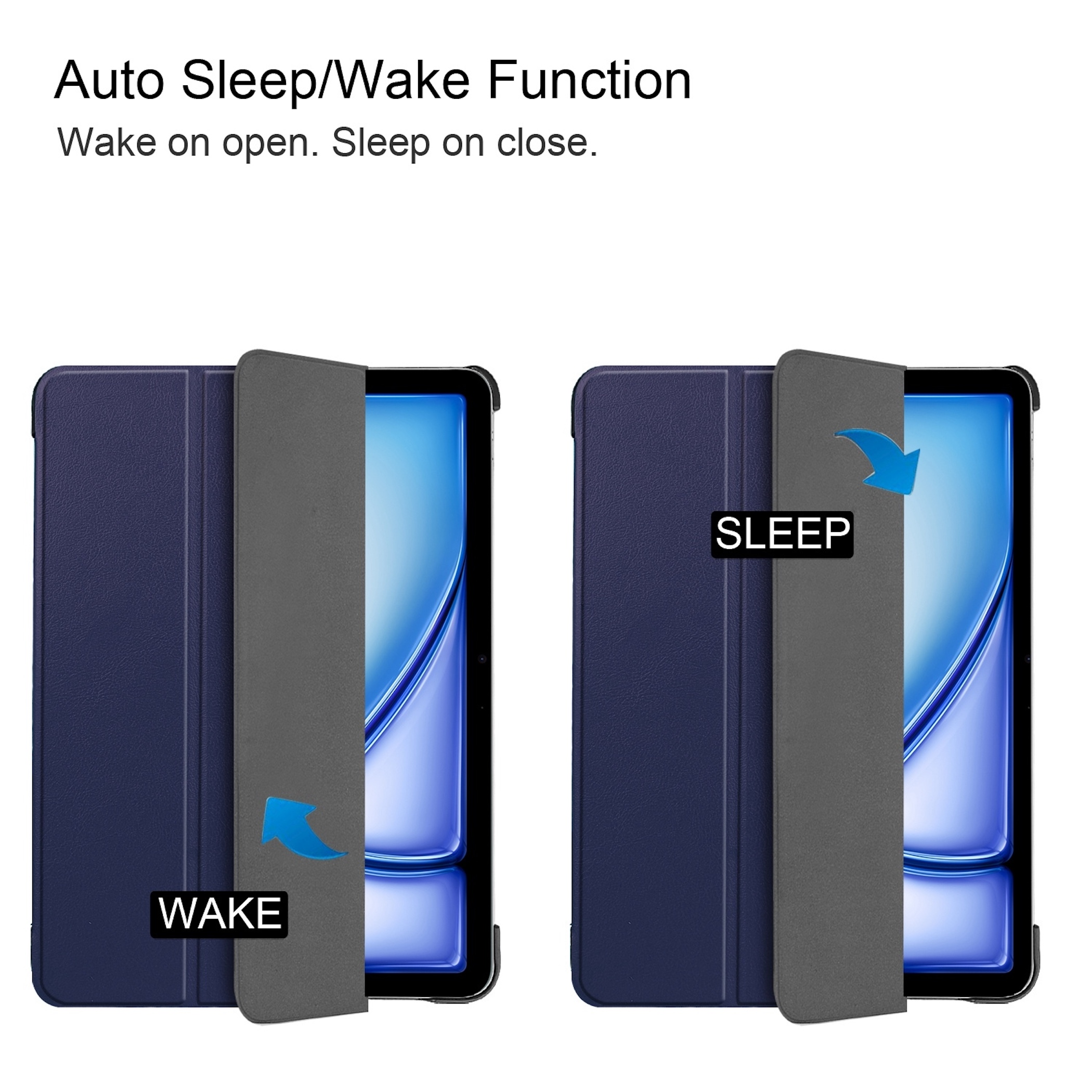 Zwei Tablets in dunkelblauen Hüllen. Eine zeigt 'WAKE', die andere 'SLEEP'.