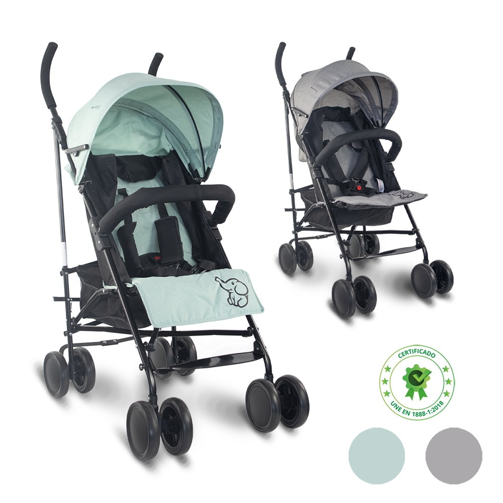 Dos cochecitos, uno verde claro con estampado de elefante, uno gris.