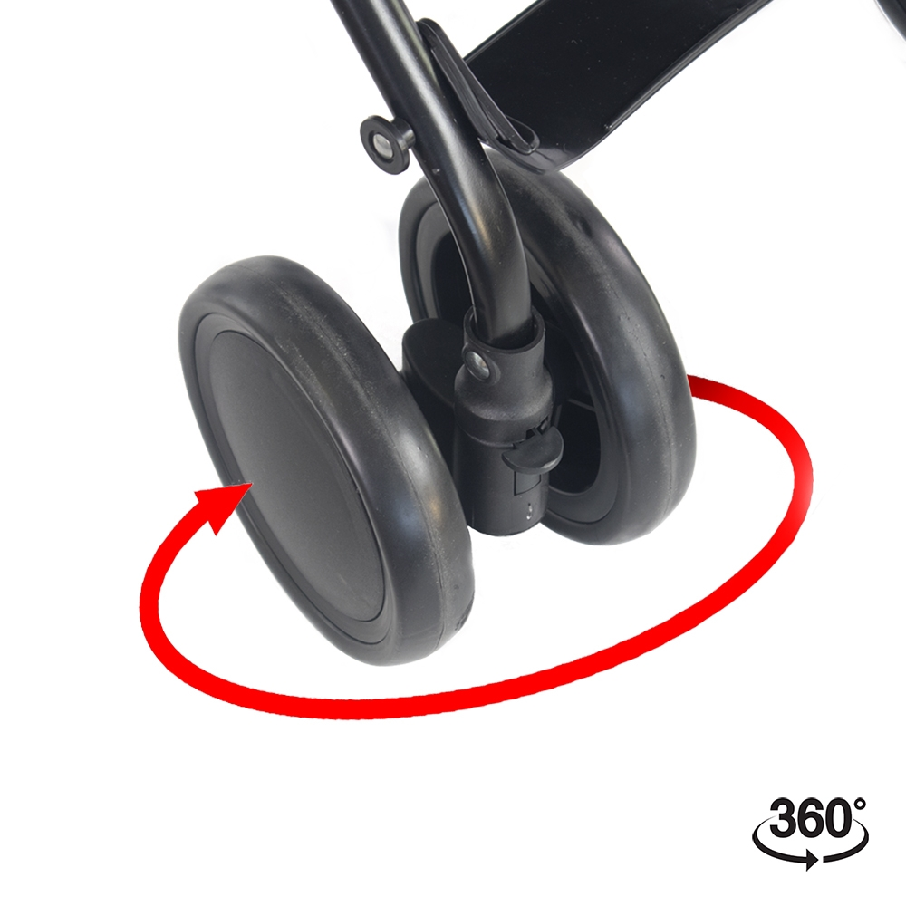 Una rueda de cochecito negra con una flecha roja indicando una rotación de 360 grados.
