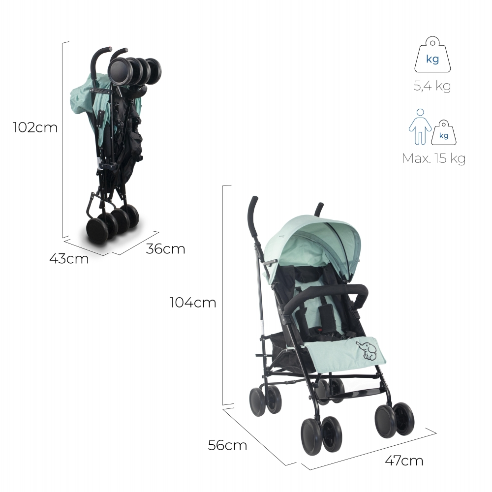 Un cochecito verde claro con dimensiones y peso.