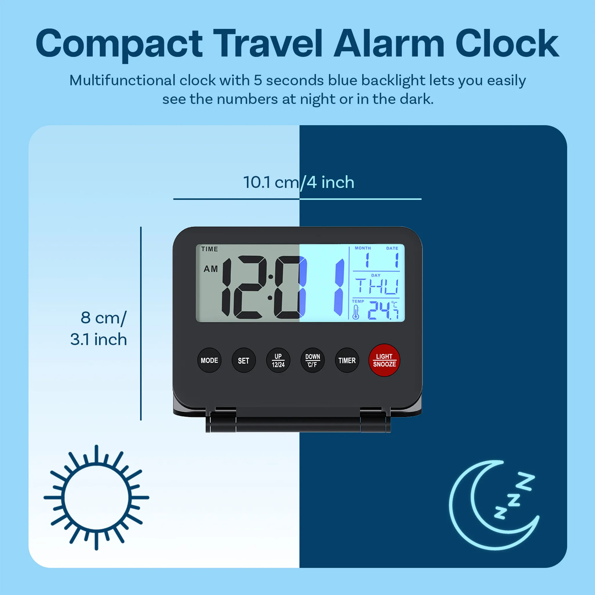 Kompakte Reiseuhr zeigt Zeit, Datum, Tag und Temperatur an.