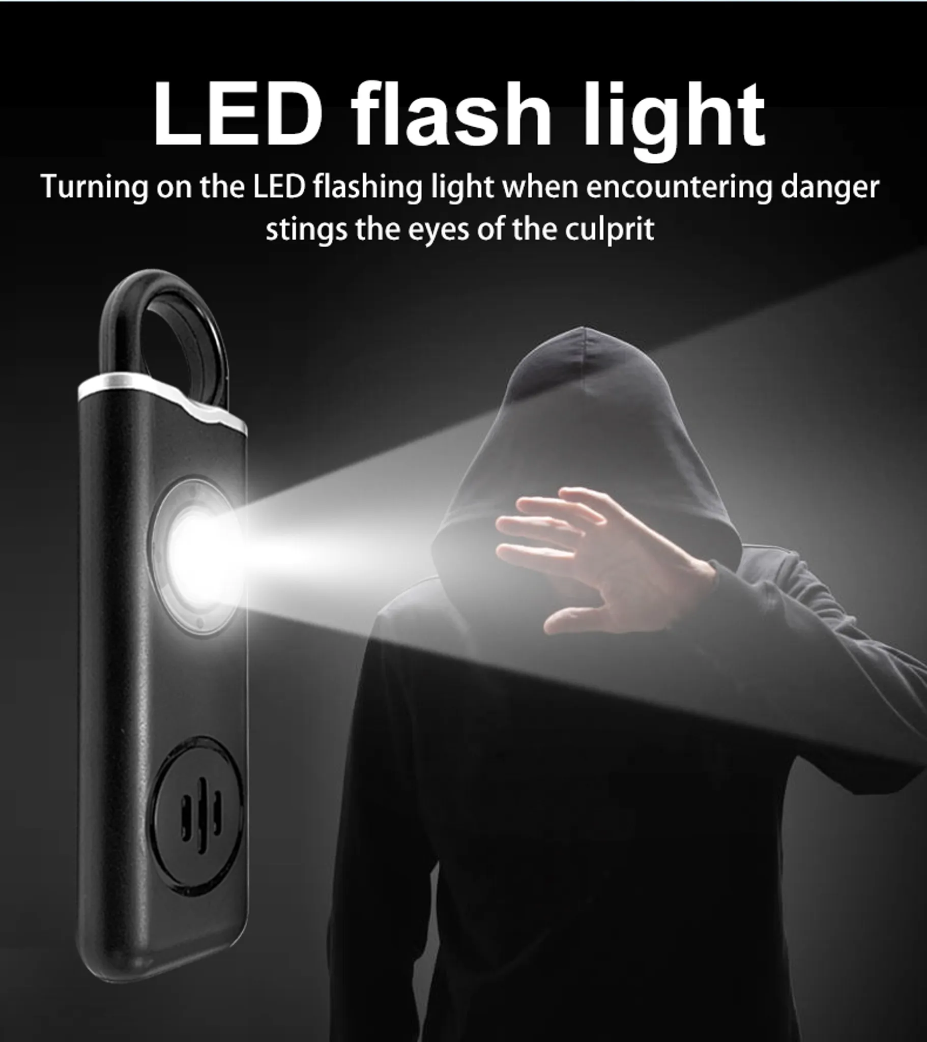 Eine Person im Kapuzenpullover wehrt sich gegen ein helles LED-Licht.