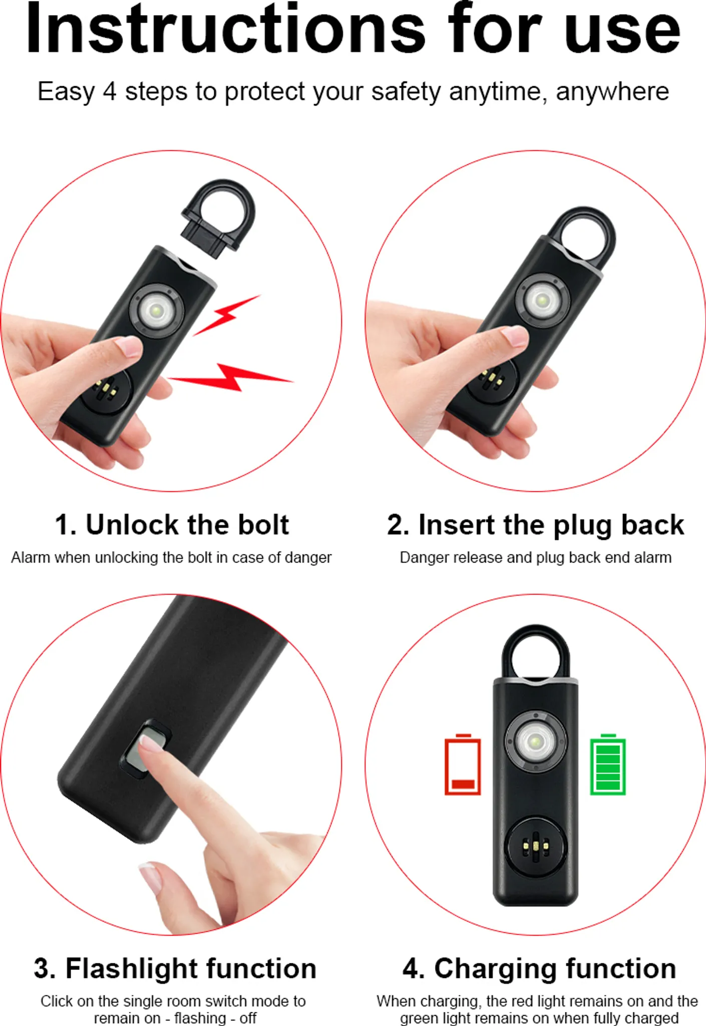 Anleitung: Alarm-Anhänger entriegeln, Stecker einstecken, Licht einschalten, laden.