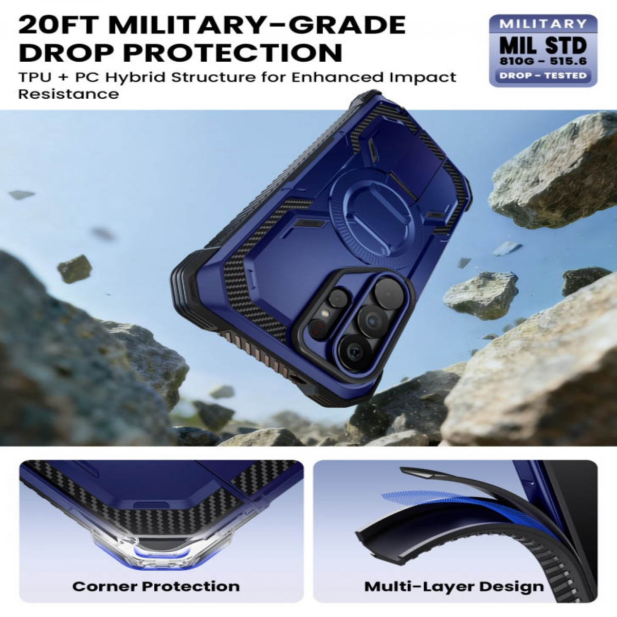Blaues Handyhülle fällt durch Felsen, militärische Schutzprüfung.