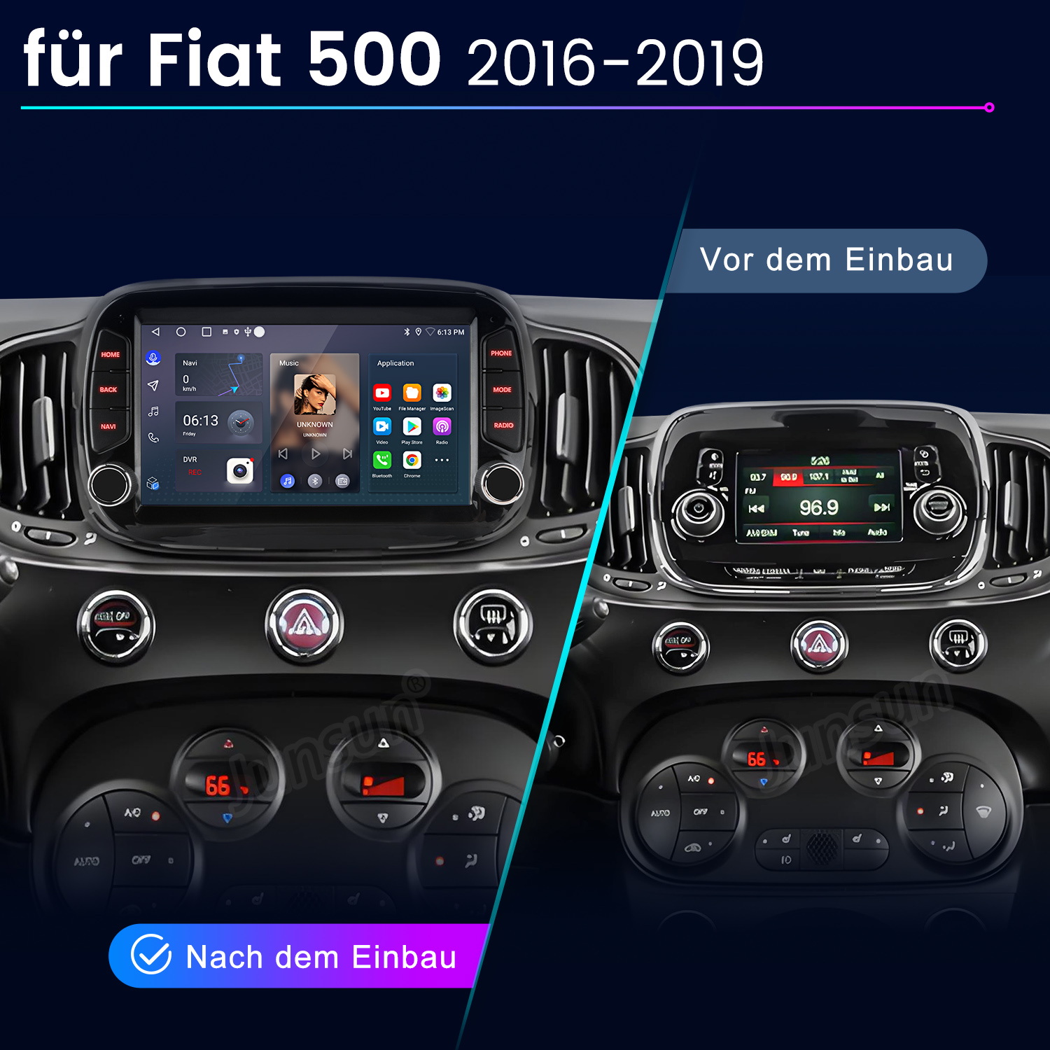 Vergleich zweier Fiat 500 Infotainmentsysteme vor und nach dem Einbau.