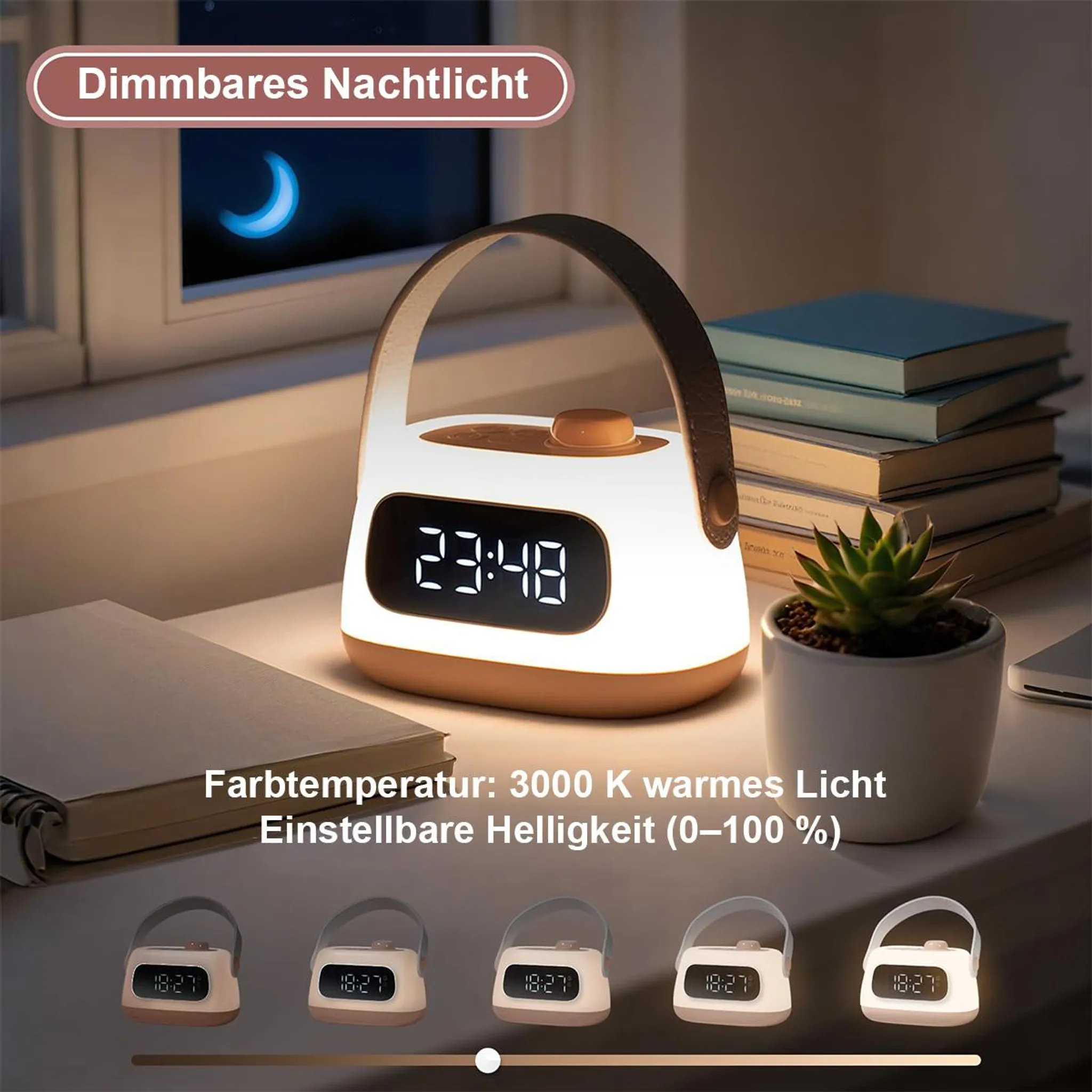 Ein dimmbares Nachtlicht mit Digitaluhr zeigt 23:48 an.