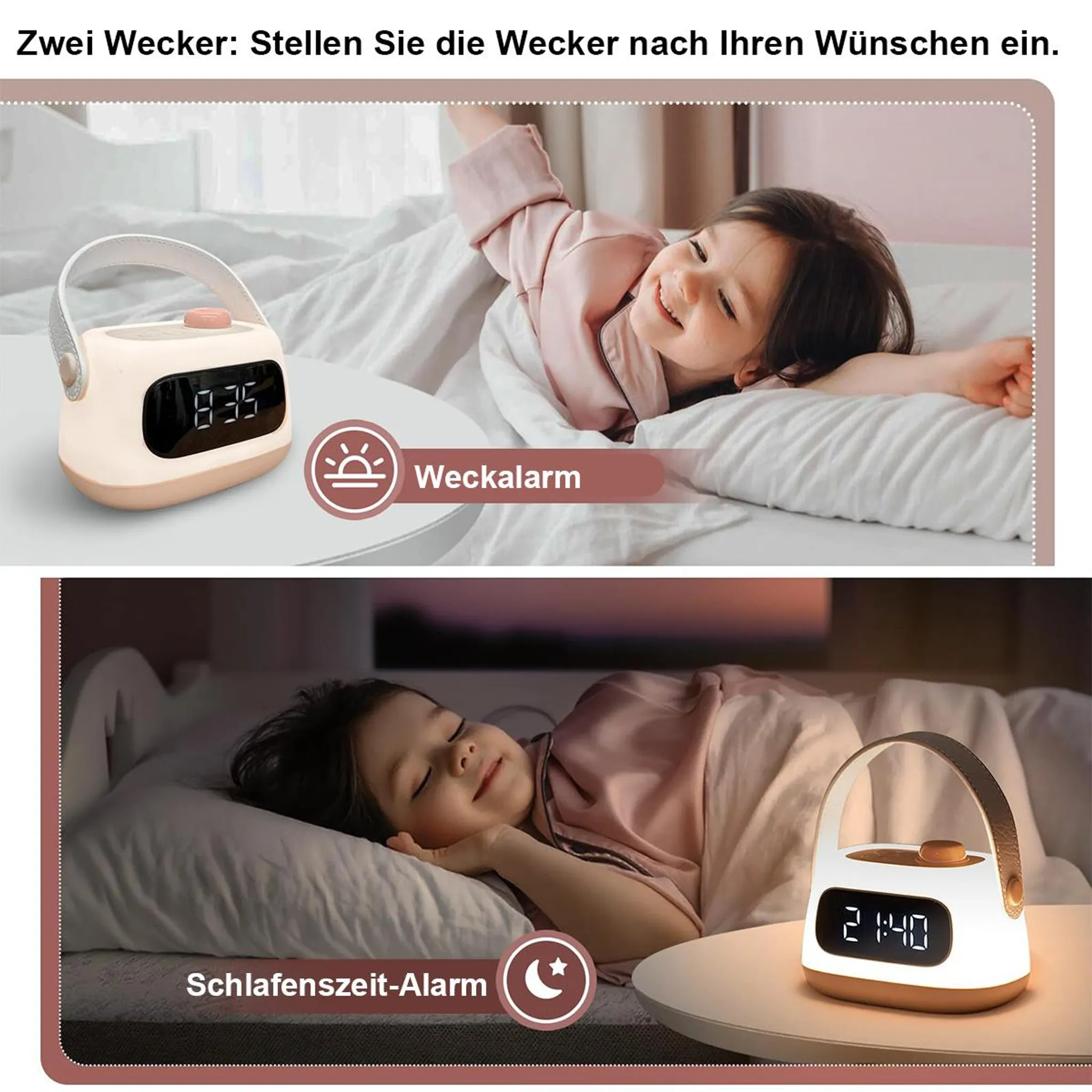 Ein Kind wacht auf, ein Wecker zeigt 8:35. Ein Kind schläft, ein Wecker zeigt 21:40.