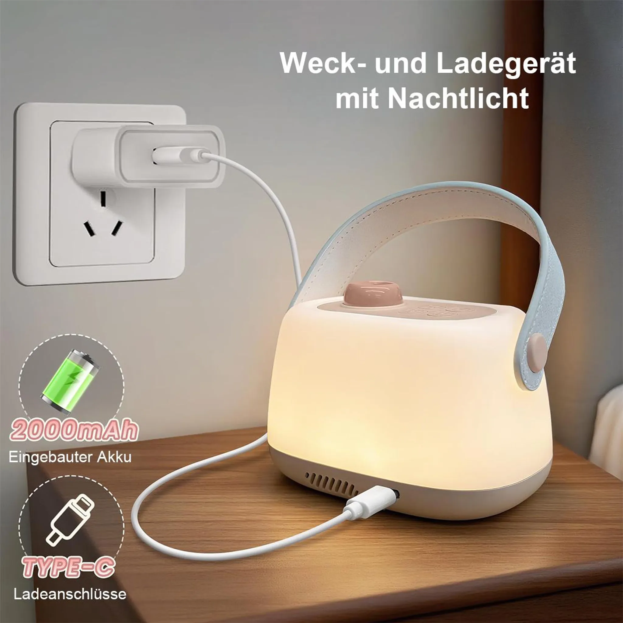 Ein Nachttischlicht mit integriertem Akku wird über USB-C an eine Steckdose geladen.