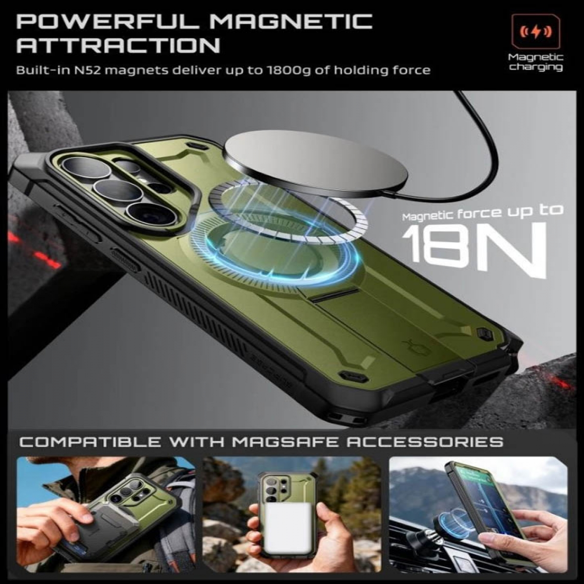 Ein grünes Handy-Case mit starker magnetischer Anziehung und Ladefunktion.
