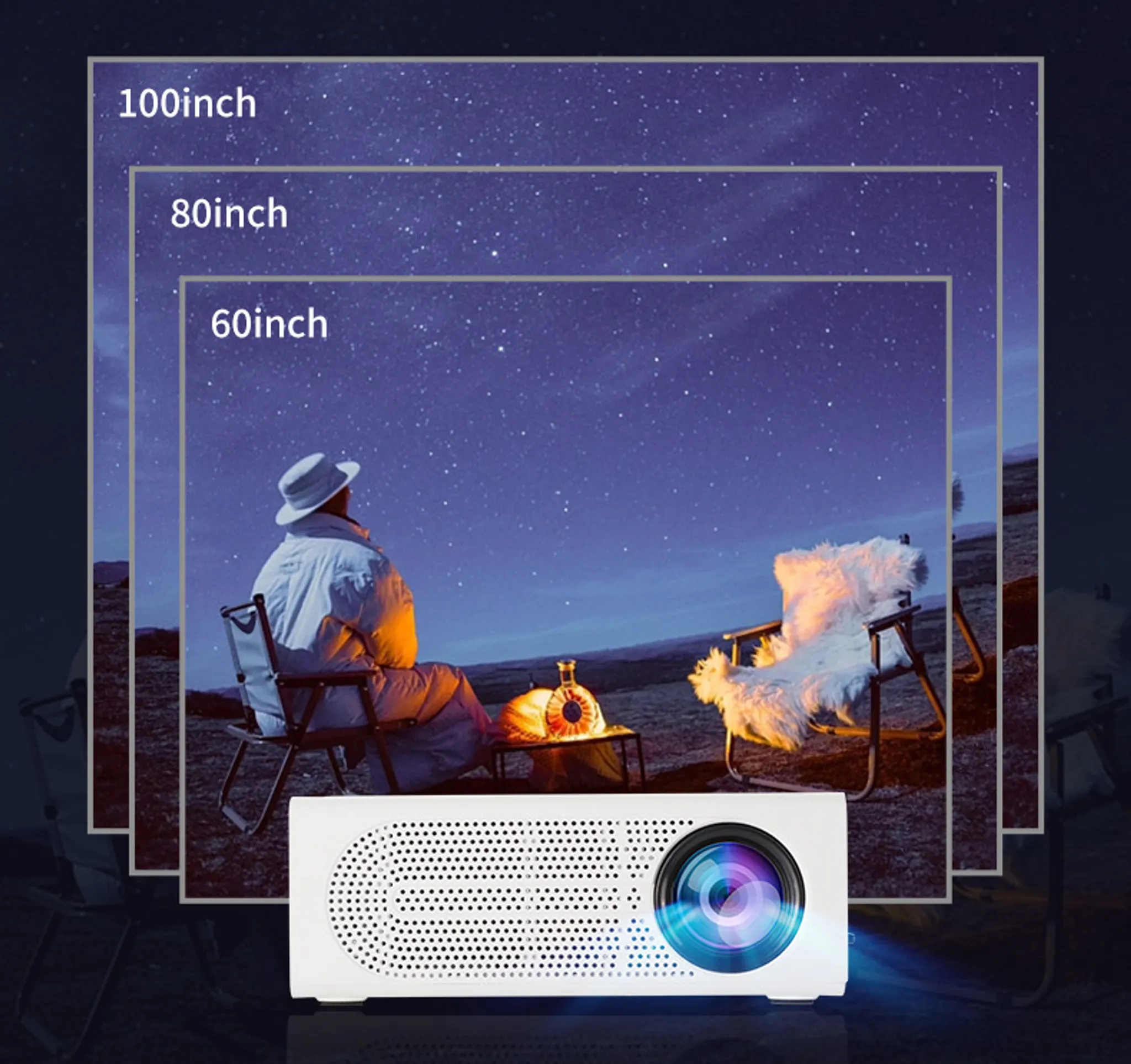 Ein weißer Projektor wirft ein Bild eines Sternenhimmels und einer Person auf einem Stuhl.