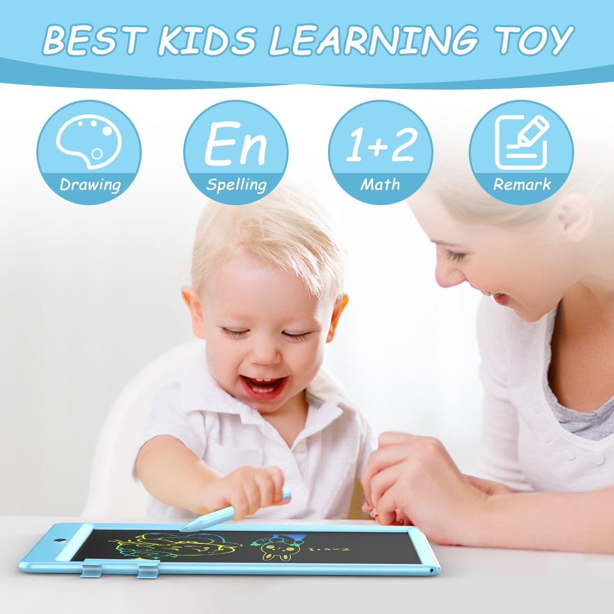 Ein lachendes Baby malt auf einem blauen Tablet, eine Frau schaut zu. Symbole zeigen Zeichnen, Schreiben, Mathe, Notiz.