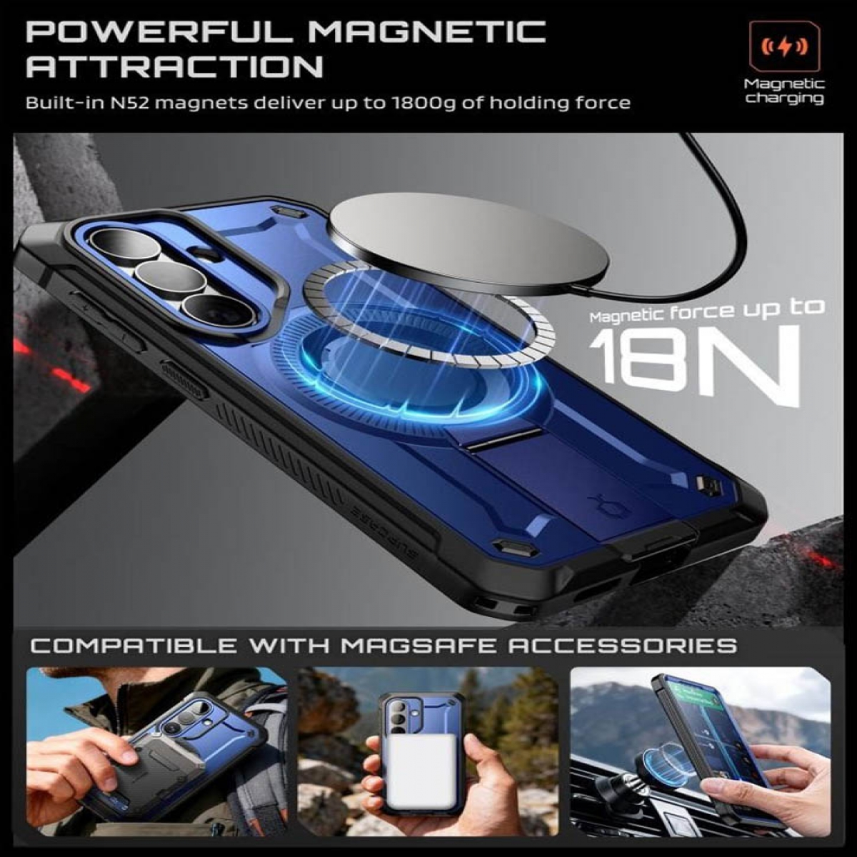 Blaues Handy-Case mit MagSafe-Ladegerät und starker magnetischer Anziehungskraft.