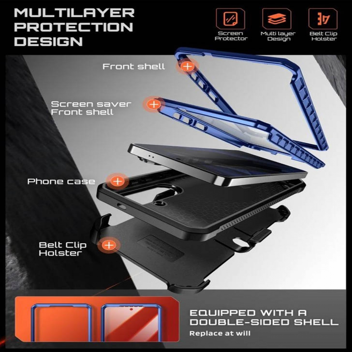 Explosionszeichnung einer Handyhülle mit mehrschichtigem Schutzdesign, Frontschale, Displayschutzfolie und Gürtelclip.