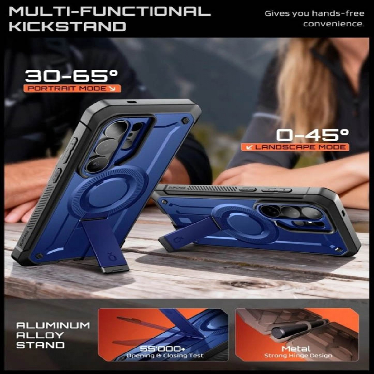Blaues Handycover mit integriertem Ständer, verstellbar für Hoch- und Querformat.