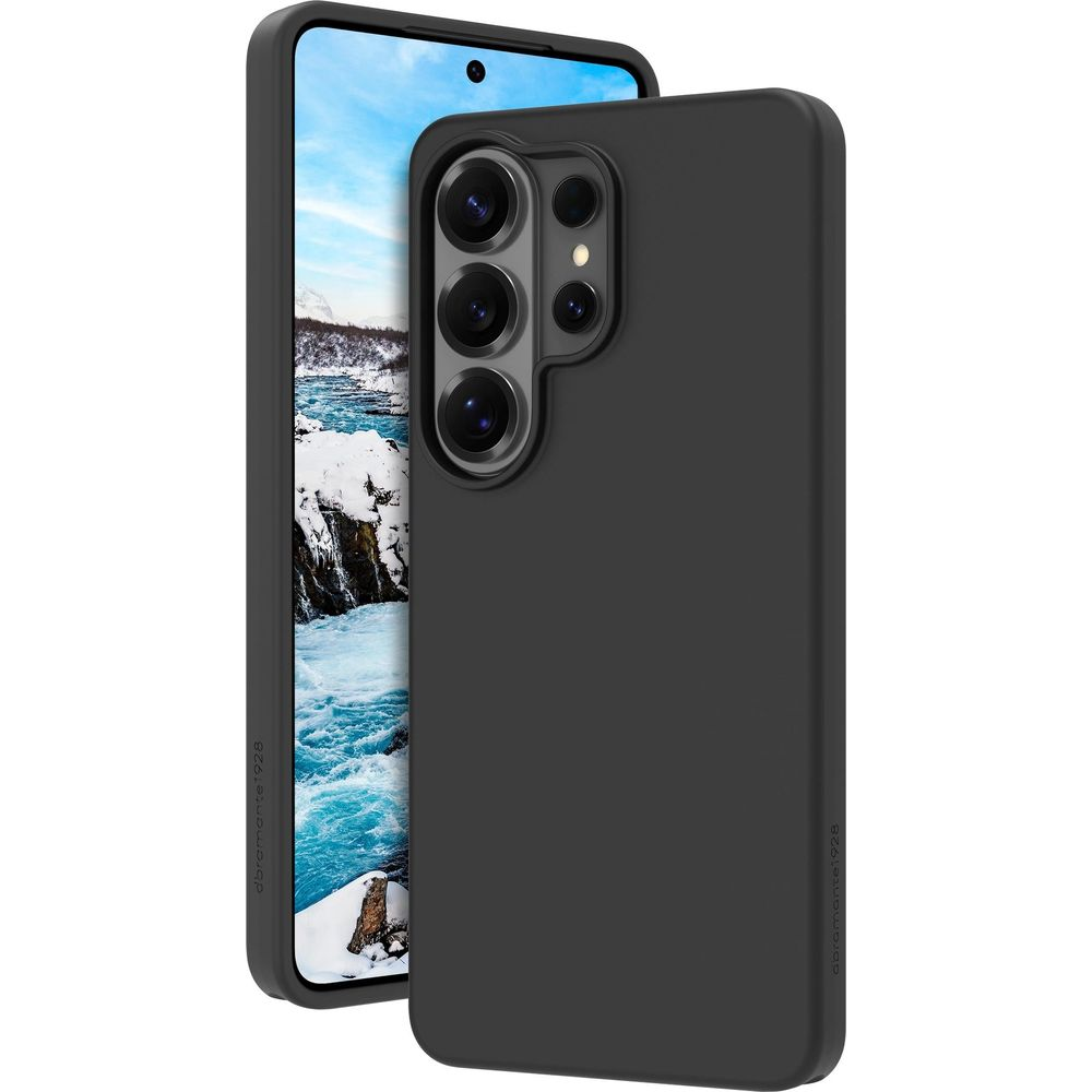 Schwarzes Handy mit Kameramodul und Winterlandschaft auf dem Bildschirm.