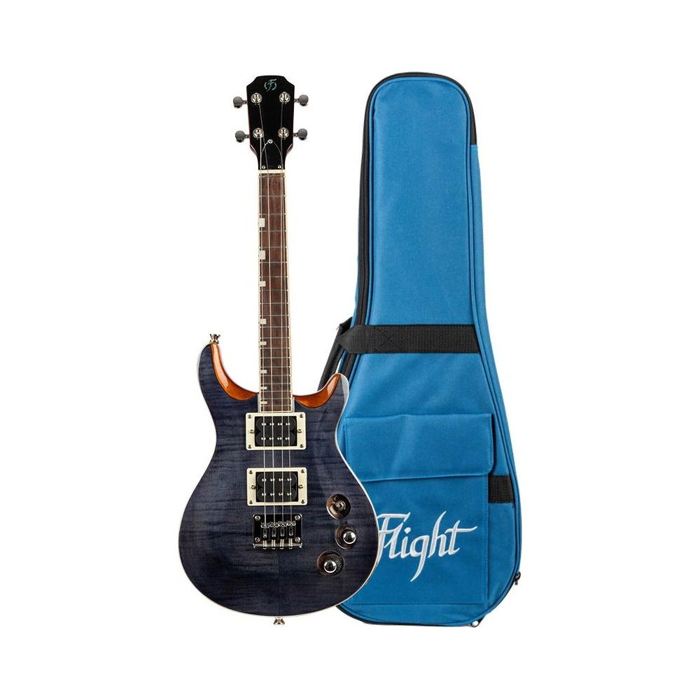 Une guitare électrique foncée à côté d'un étui bleu.