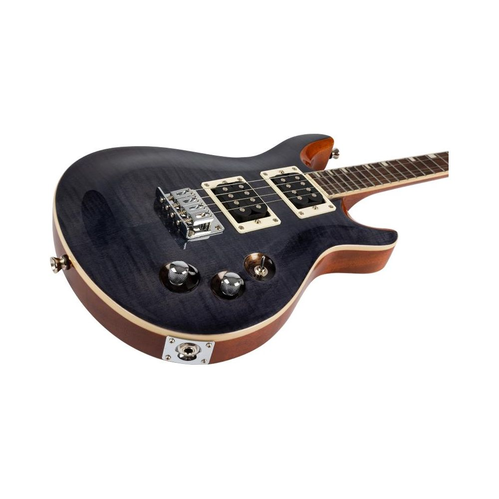 Guitare électrique bleu foncé avec deux micros, chevalet argenté et boutons noirs.