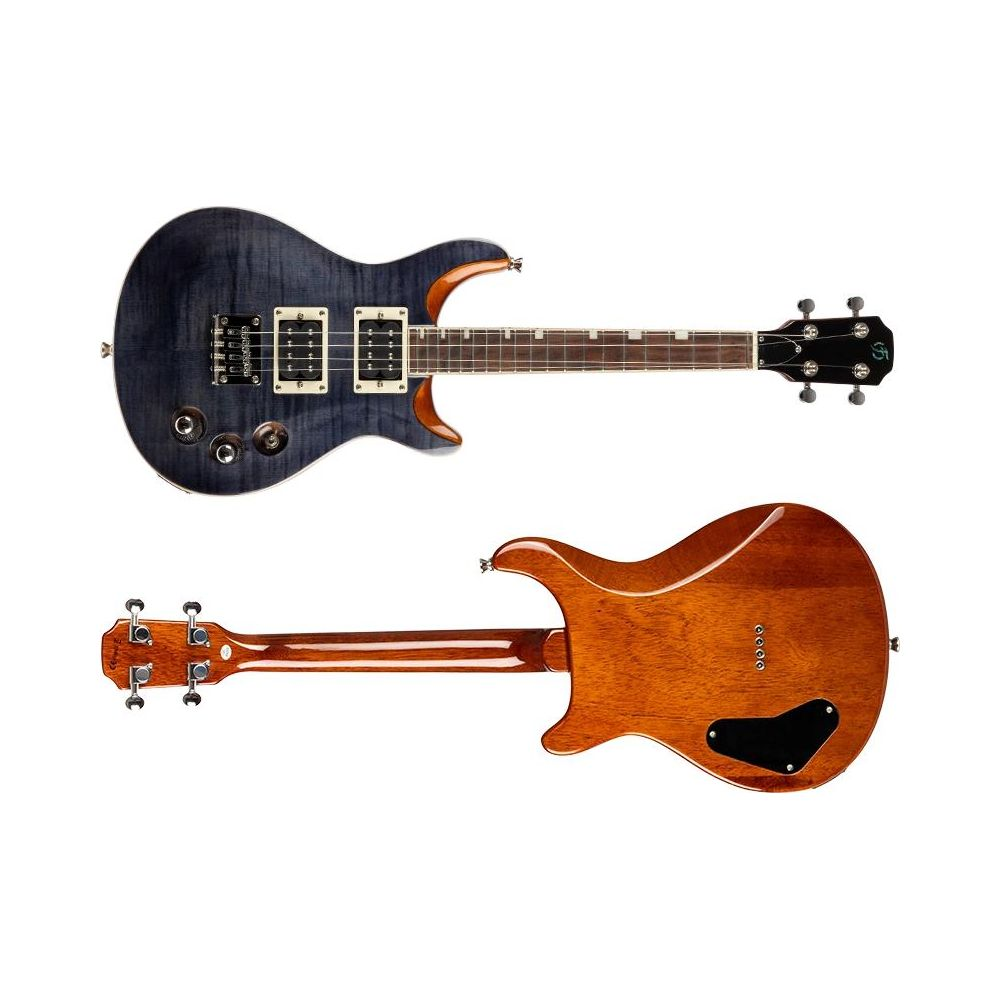 Un corps de guitare électrique bleu avec deux humbuckers et un dos de guitare marron.