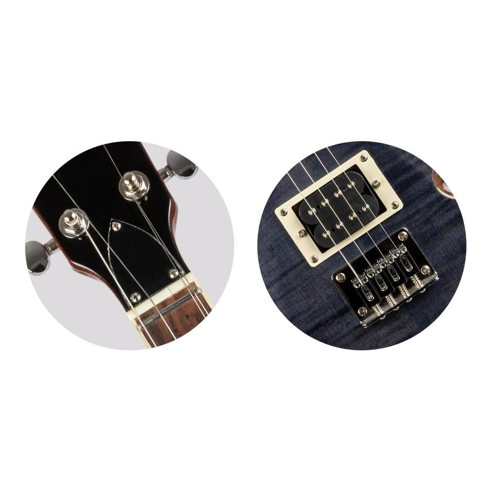 Gros plan de la tête sombre d'une guitare et d'une guitare bleue avec micros et chevalet.