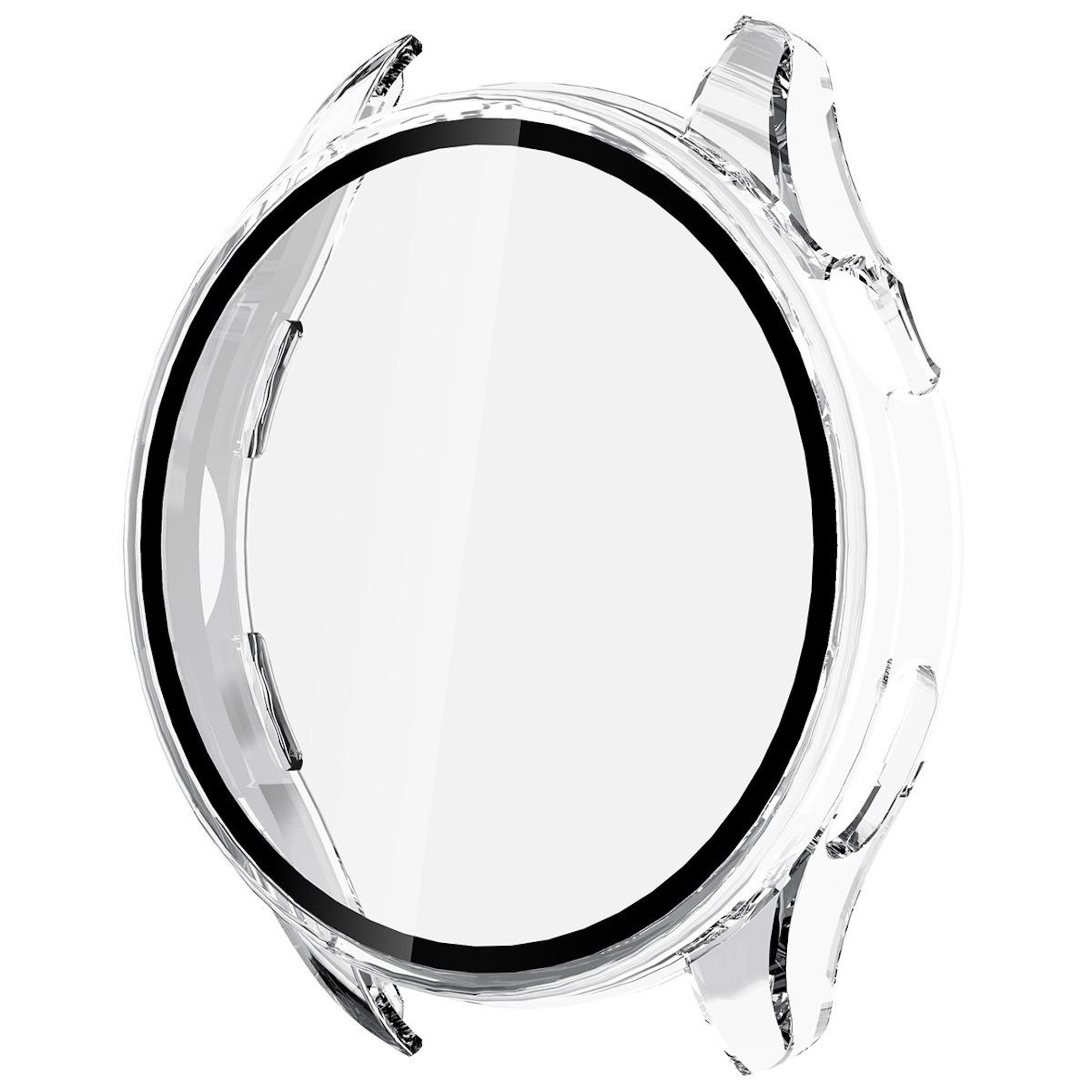 Protezione trasparente per orologio con bordo nero, che protegge un display rotondo.