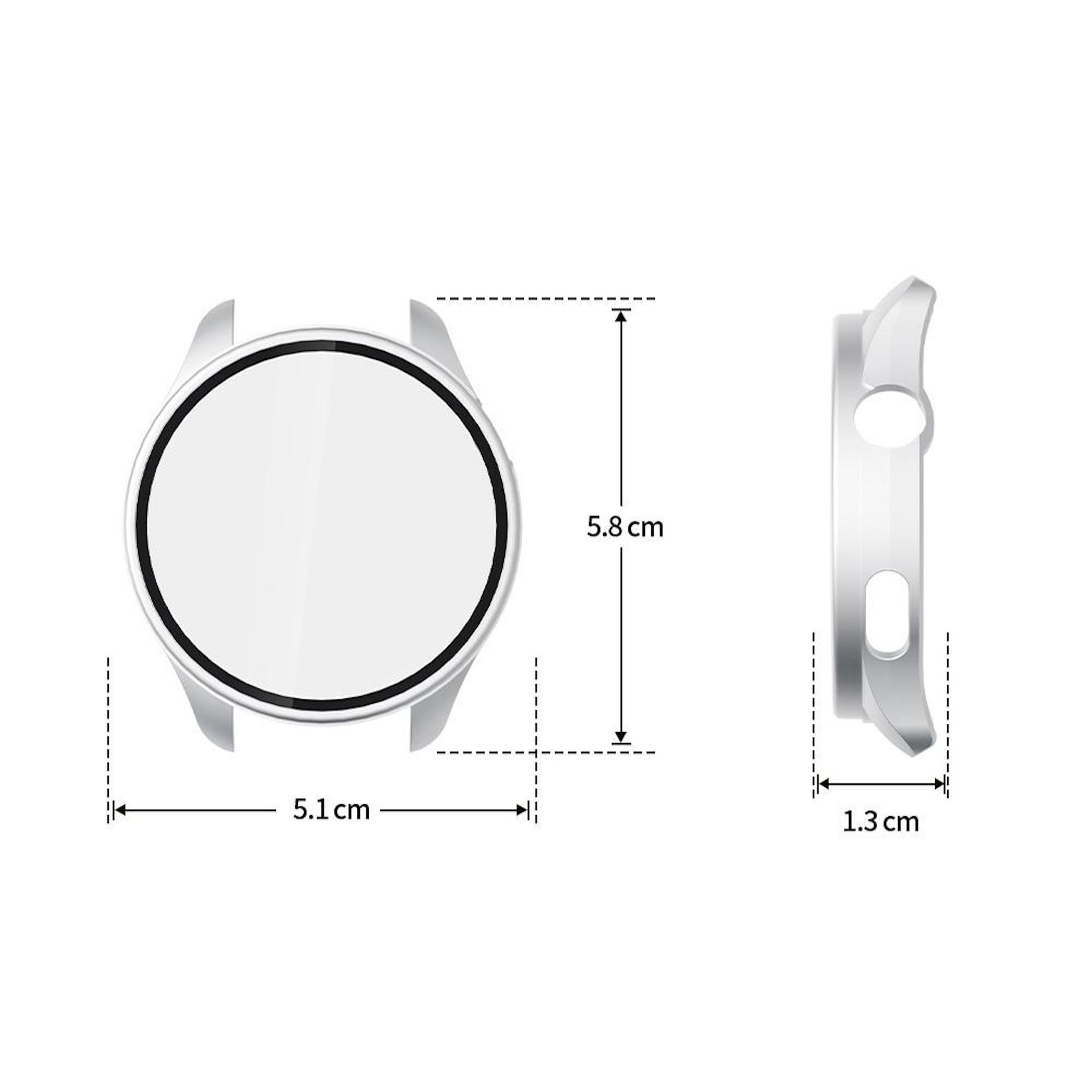 Protezione orologio argento: Vista frontale (5,1 cm) e vista laterale (1,3 cm).