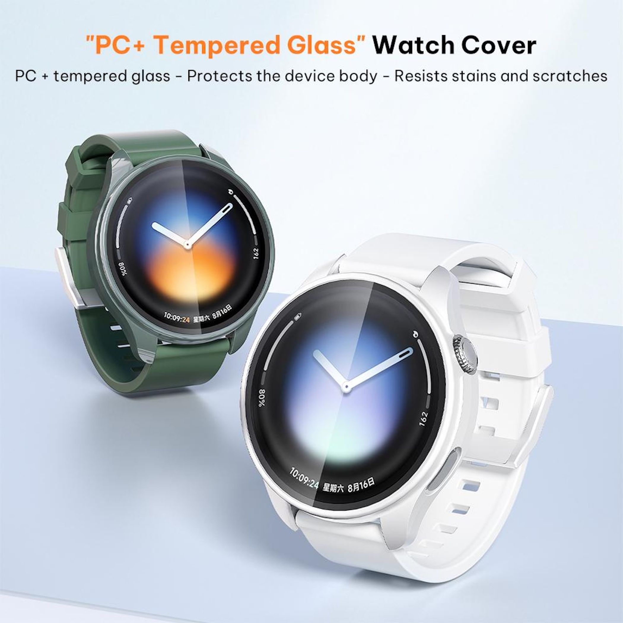 Due smartwatch, una verde e una bianca, con quadranti digitali.