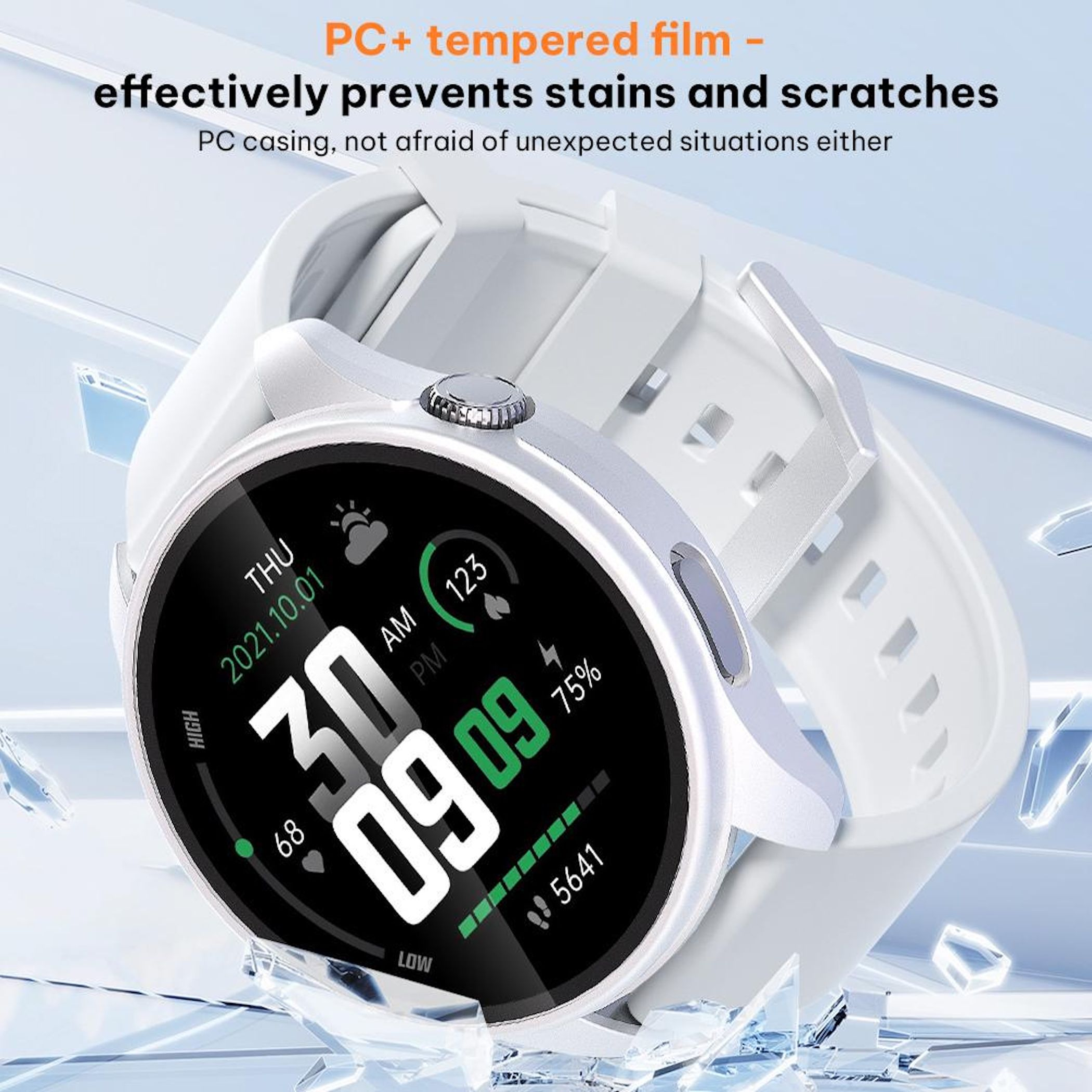 Smartwatch bianco con display digitale, data e meteo. Batteria 75%.
