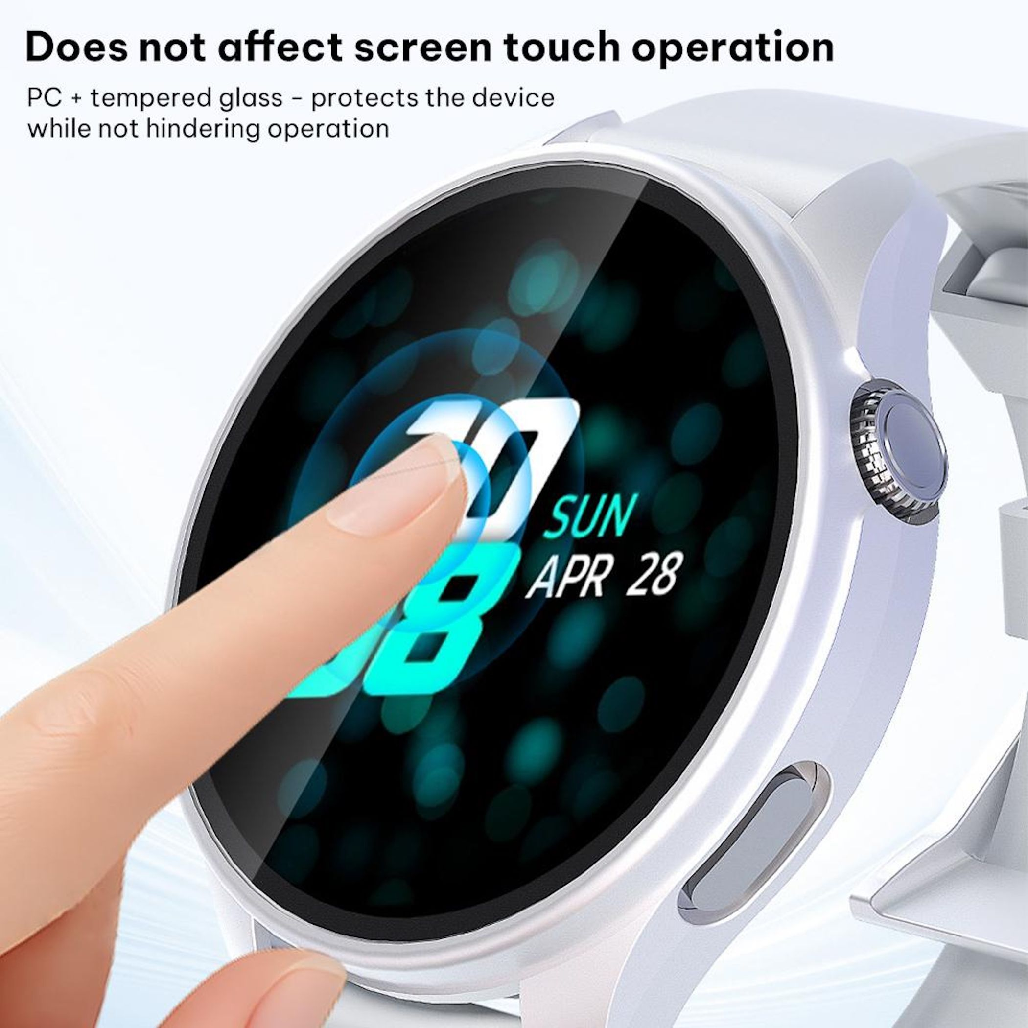 Smartwatch bianco con touchscreen che mostra data e ora.