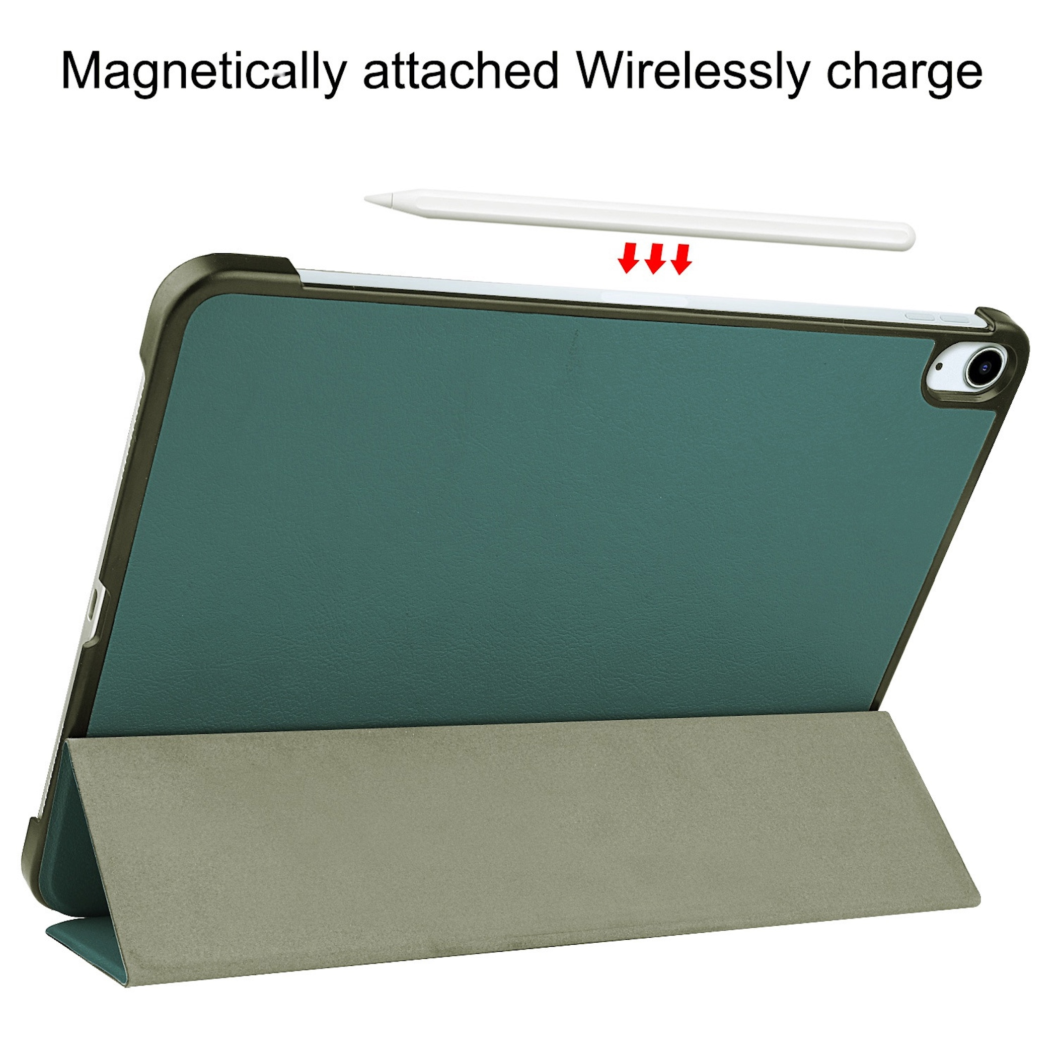 Ein Tablet mit grünem Gehäuse und Stift wird magnetisch aufgeladen.