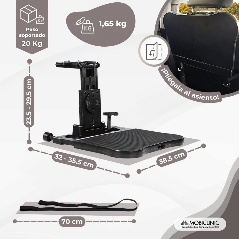 Mesa negra para coche con soporte ajustable y medidas.