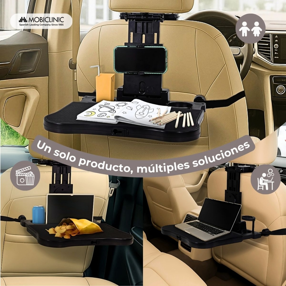 Un organizador negro para asiento de coche con bandejas para aperitivos, portátiles y entretenimiento.