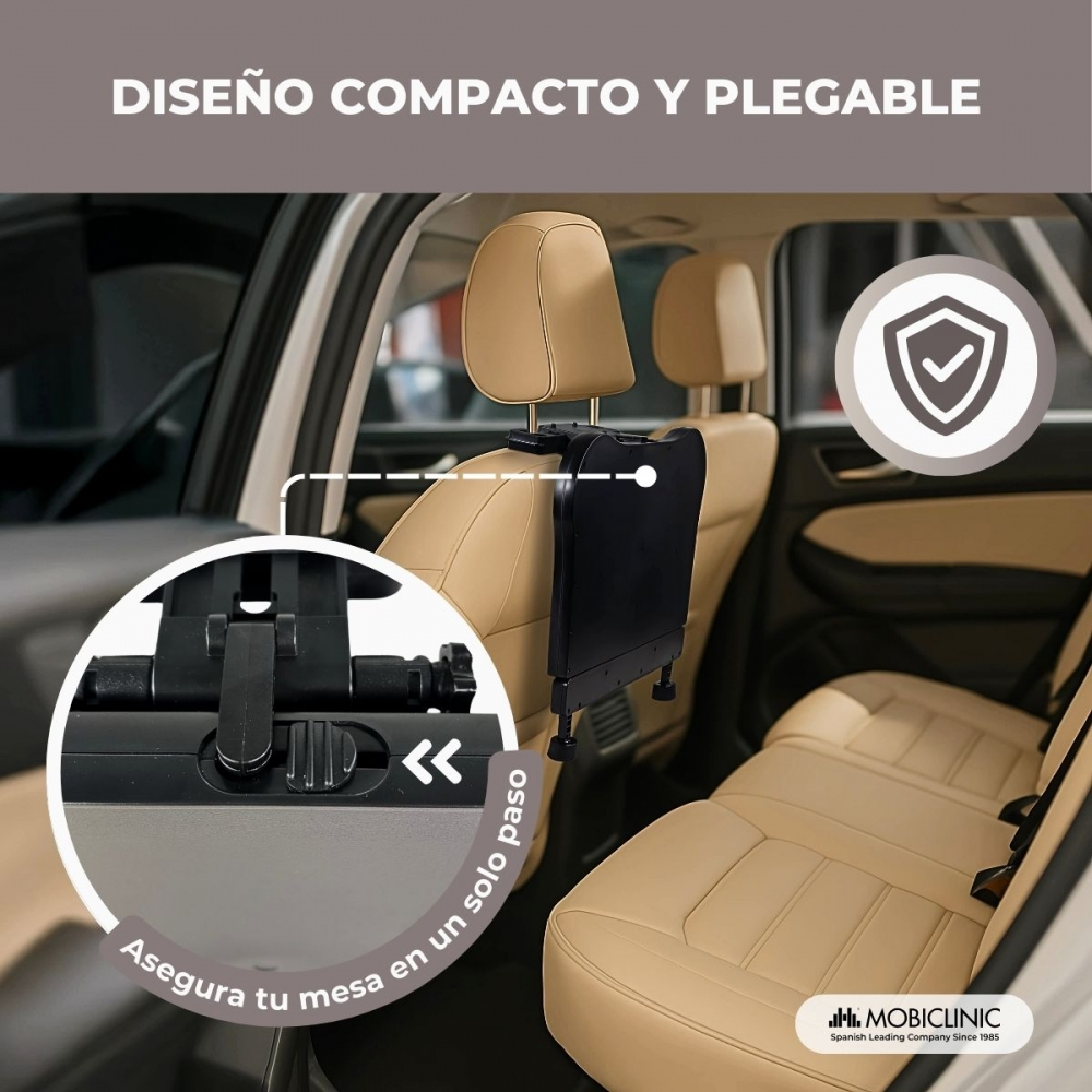 Bandeja negra para coche en reposacabezas, asientos de cuero beige.