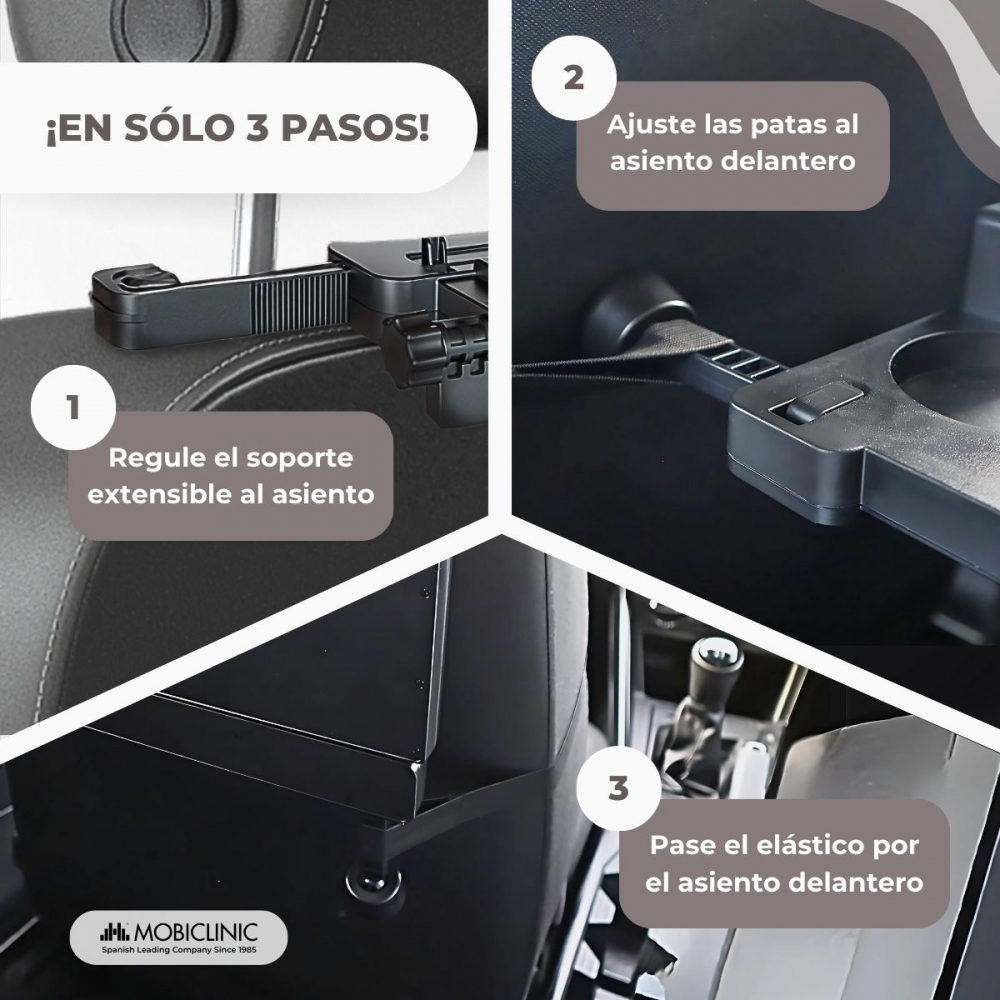 Organizador de asiento de coche negro se instala en 3 pasos: ajuste soporte, fije patas, asegure correa.