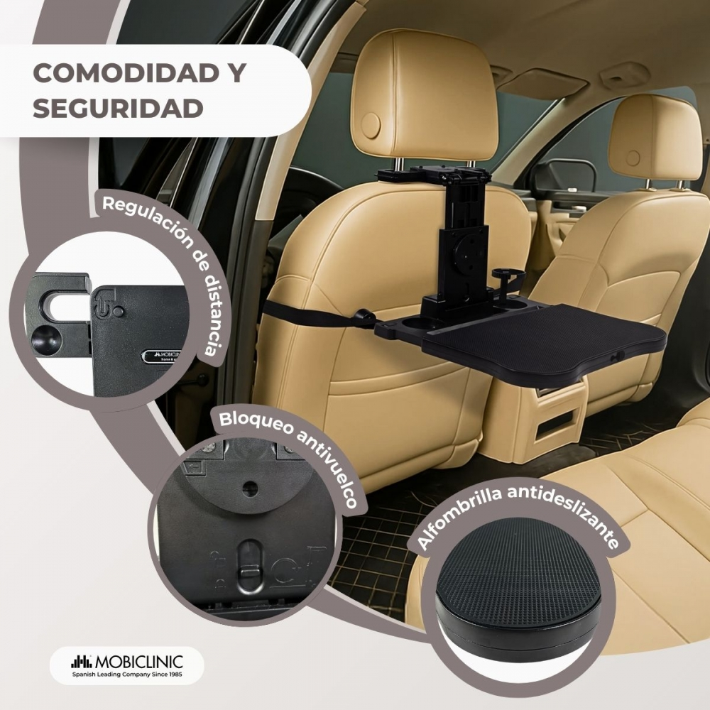 Una bandeja negra para coche, sujeta al respaldo de un asiento, con primeros planos.